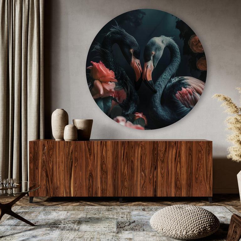 Botanische muurcirkel met twee flamingo's omgeven door bloemen en planten.