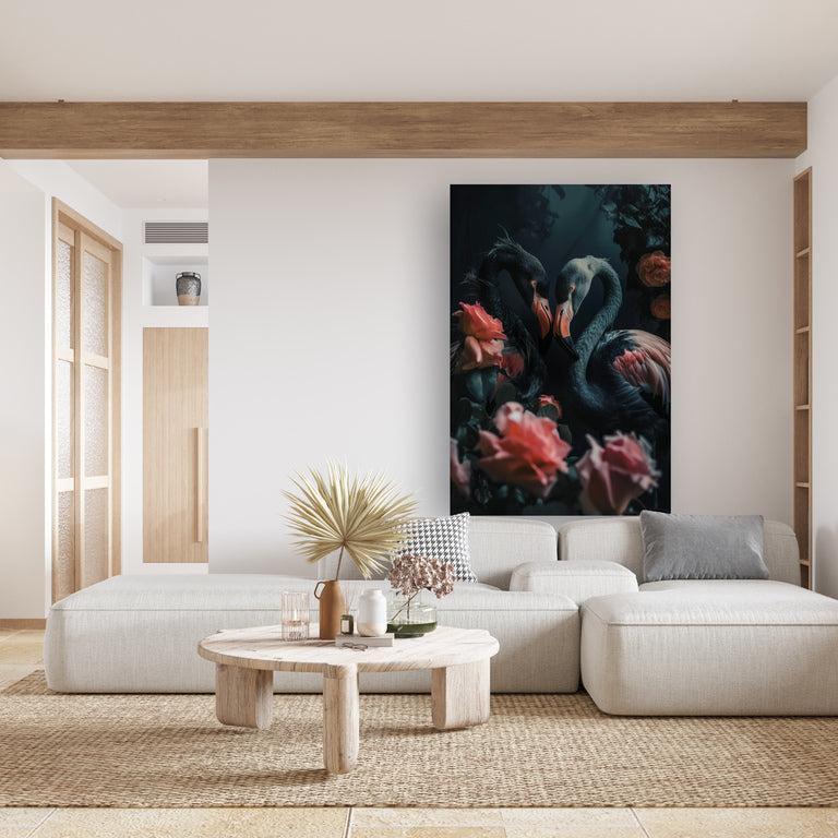 Botanische wanddecoratie met twee flamingo's omgeven door bloemen en planten. Ook beschikbaar als muurcirkel en wandkleed