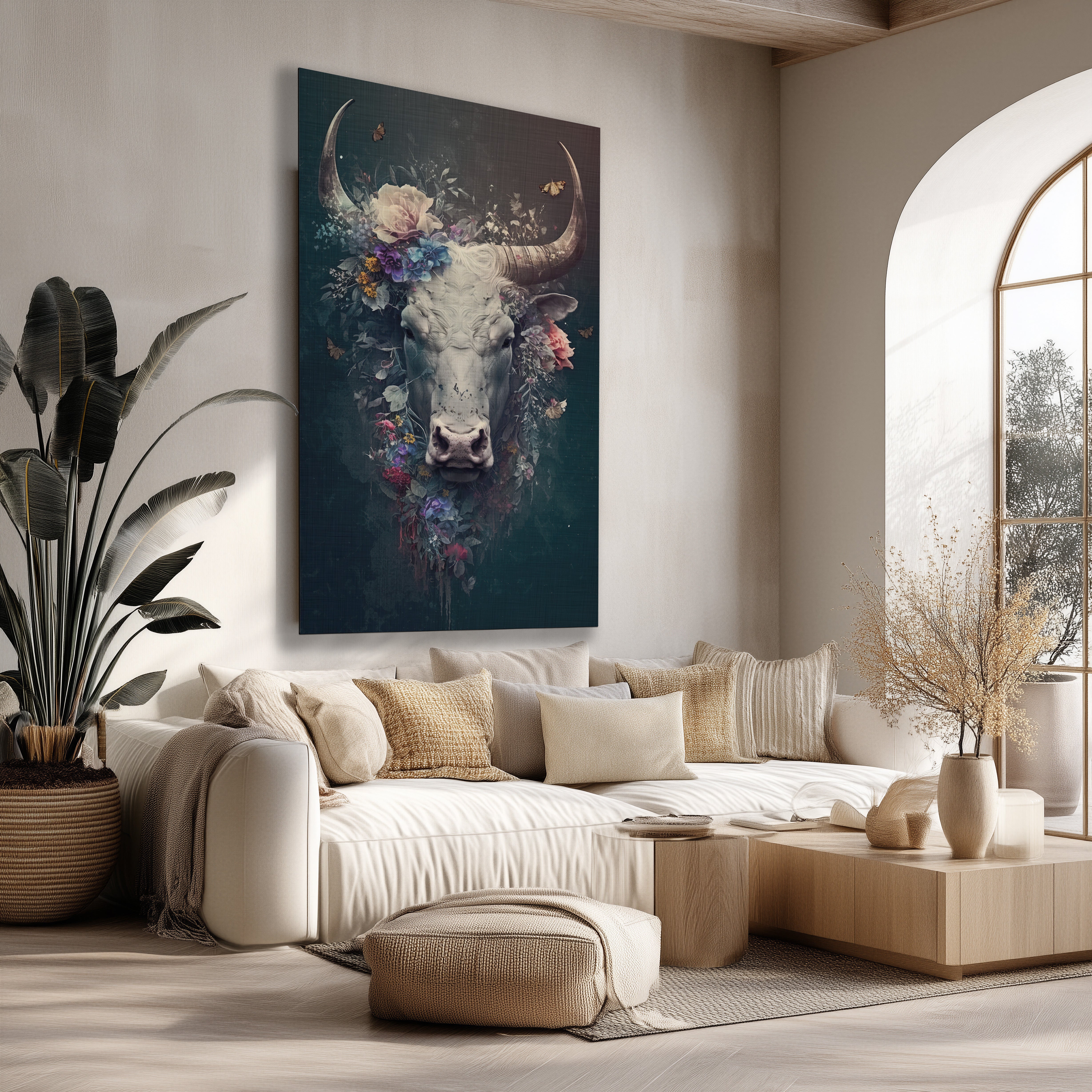 Grote botanische wanddecoratie met vintage stier omringd door weelderige bloemen in levendige kleuren.