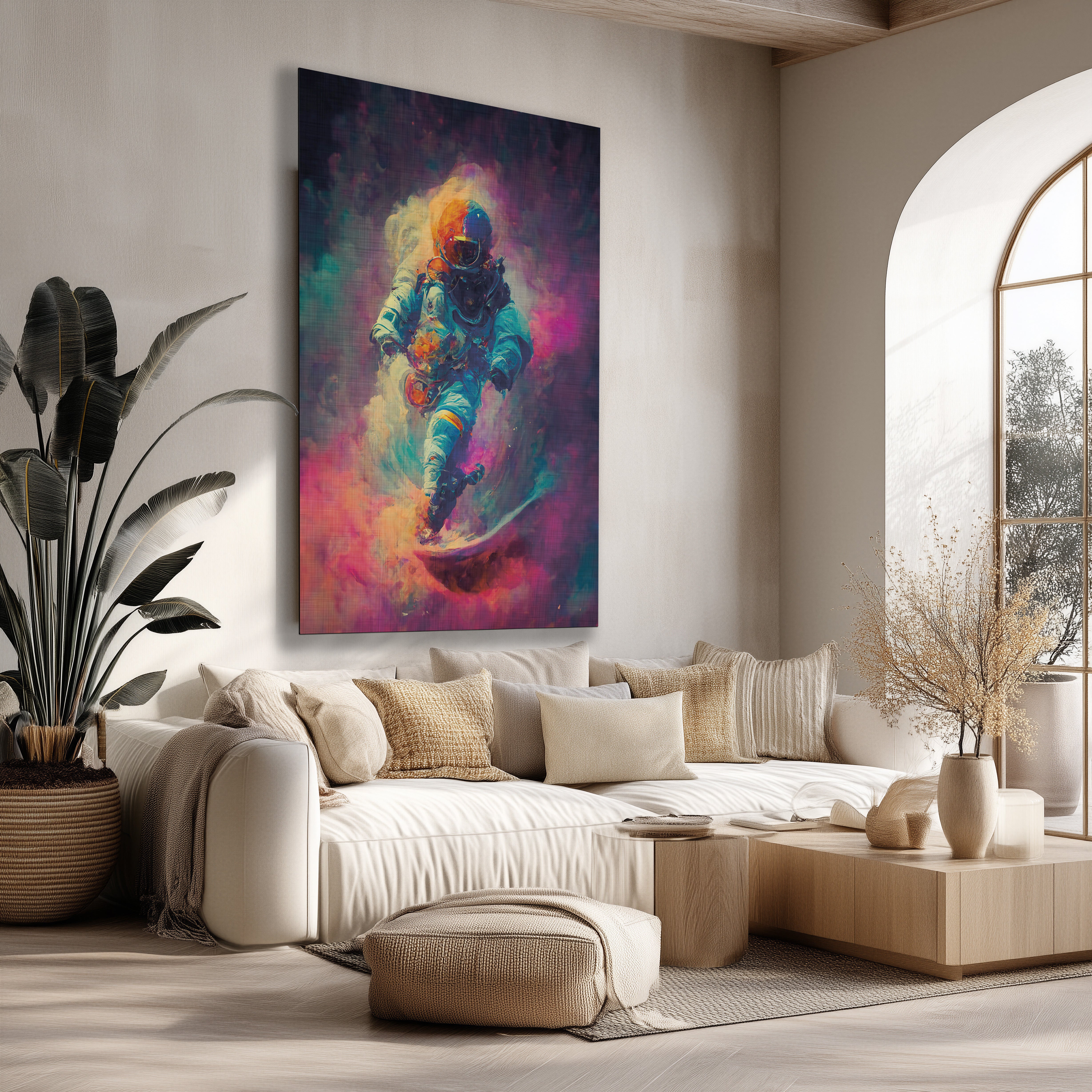 Kleurrijke astronaut poster met levendige roze, paarse en blauwe tinten, hangend boven een beige bank in een modern interieur.