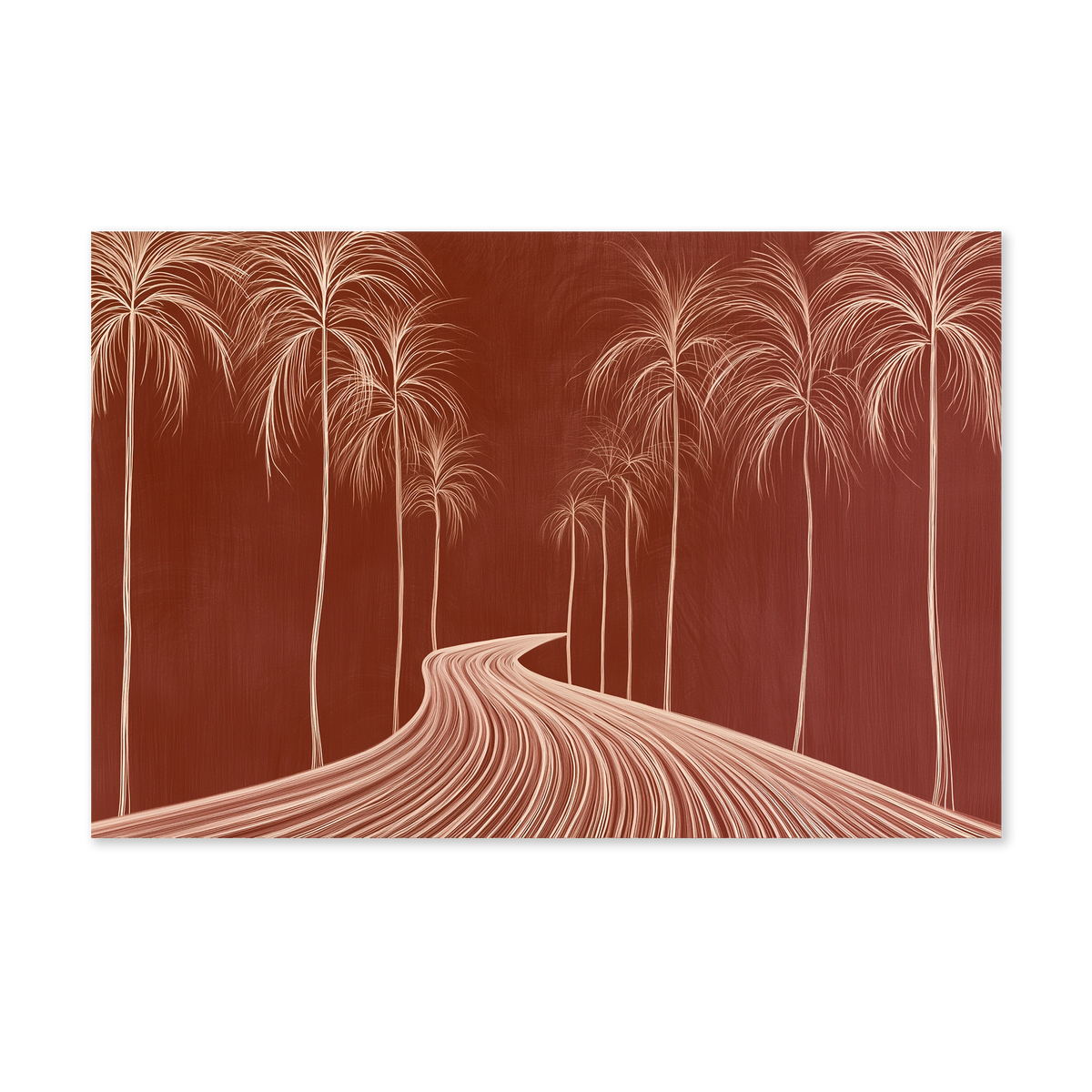 Wanddecoratie De weg naar het strand met een slingerend pad tussen palmbomen in terracottatinten.