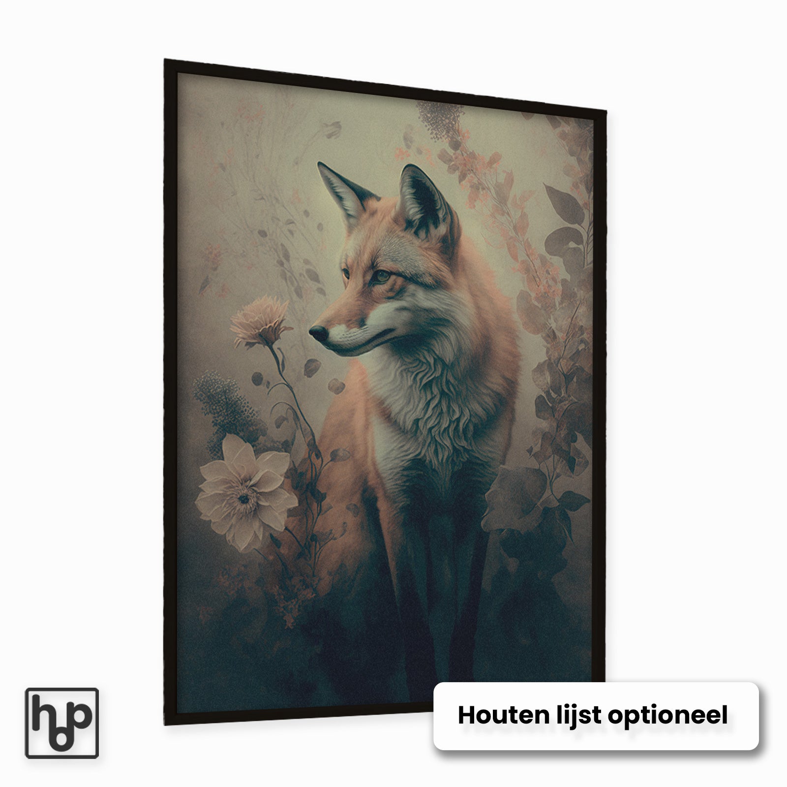 Staande poster van een vos in botanische setting met zachte, natuurlijke kleuren en optionele houten lijst.