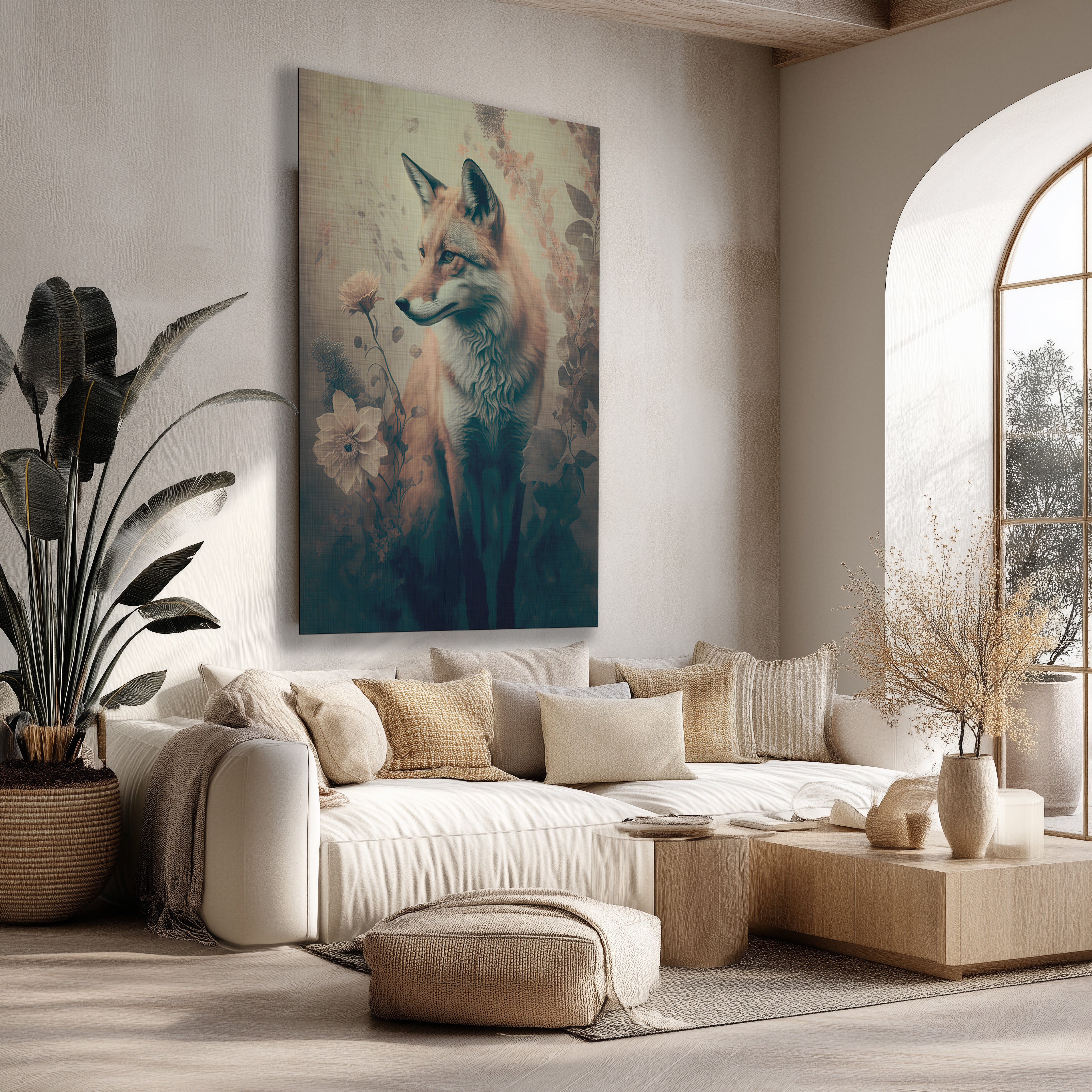Staande poster met vos in botanische setting, zachte natuurlijke kleuren, boven een beige bank.