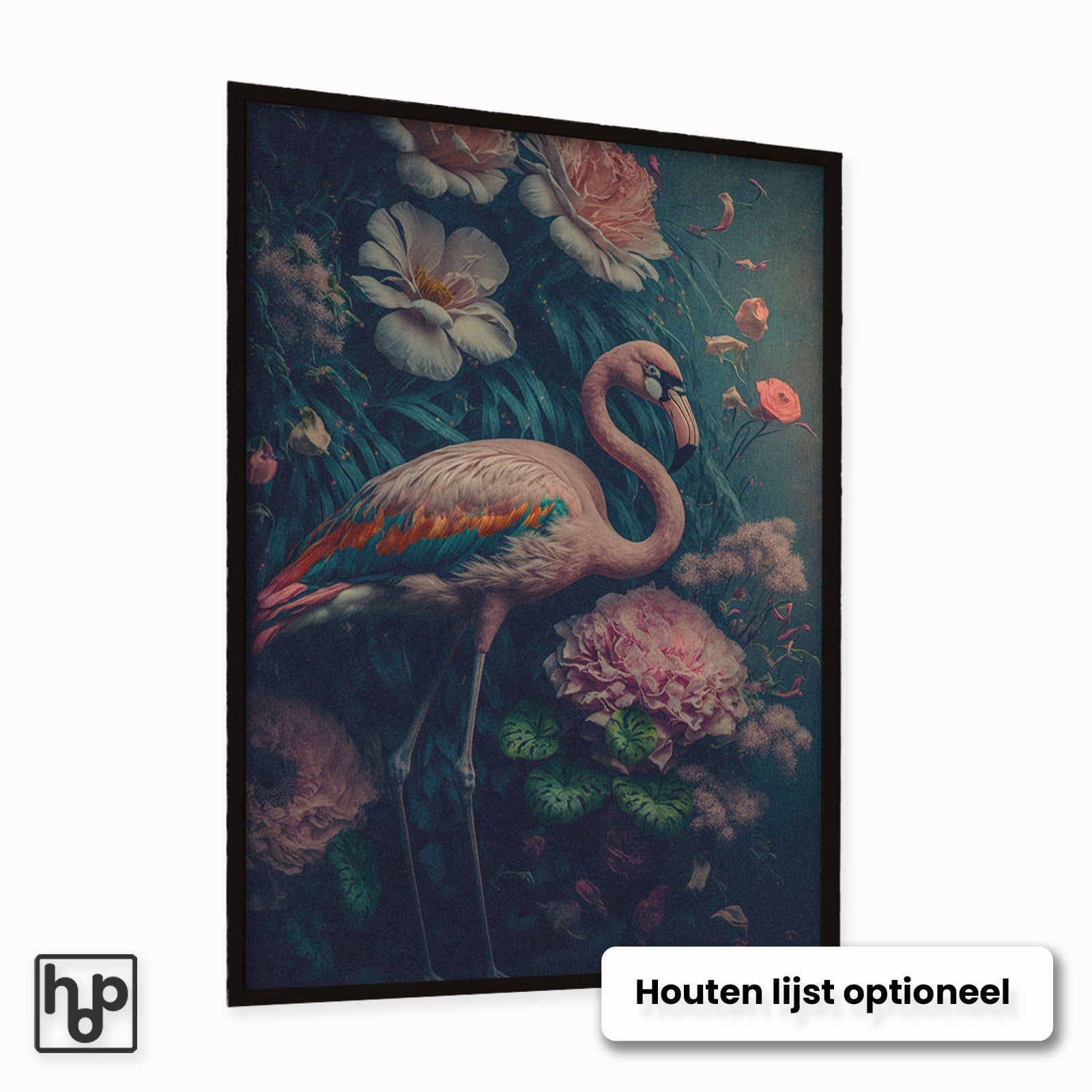 Vintage flamingo poster met zachte pastelkleuren en botanische elementen in een zwarte lijst.