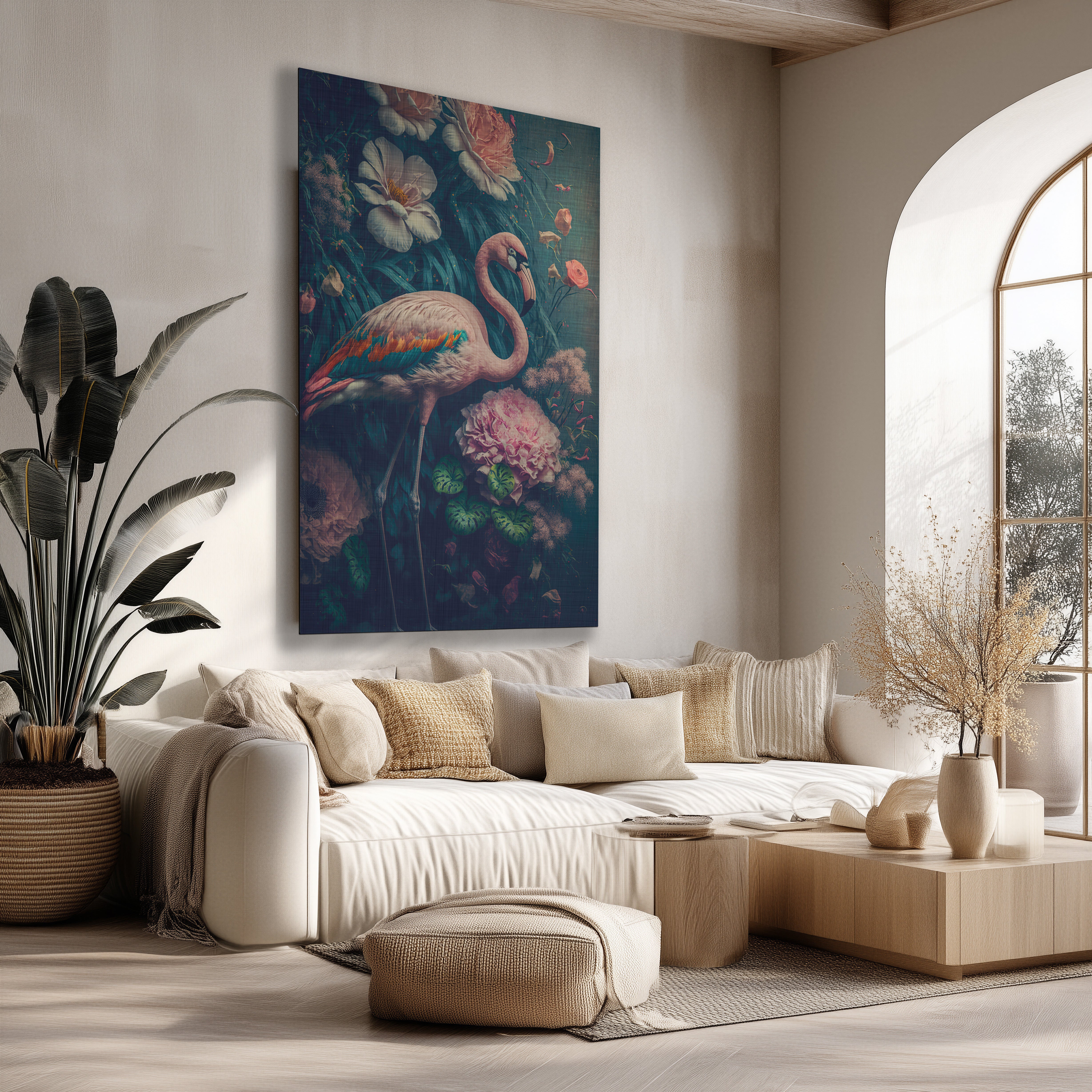 Vintage flamingo poster met botanische elementen in zachte pastelkleuren, hangend boven een lichte bank in een modern interieur.