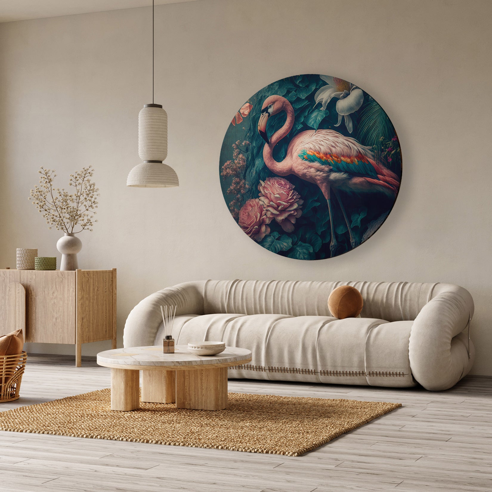 Ronde akoestische wanddecoratie met een elegante roze flamingo en weelderige natuurdetails in een modern interieur.