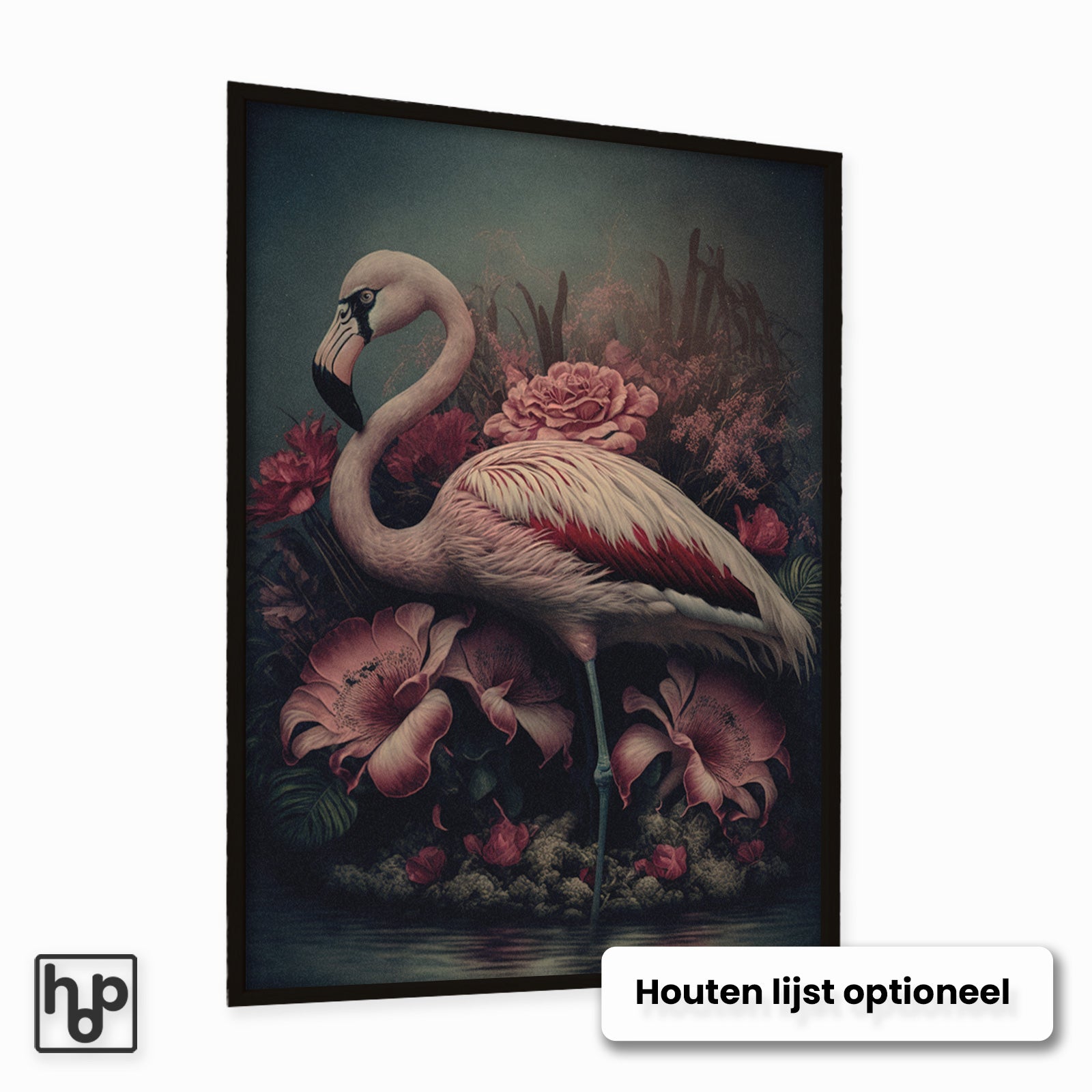 Stijlvolle vintage flamingo poster met zachte roze bloemen en botanische elementen, in een zwarte lijst.