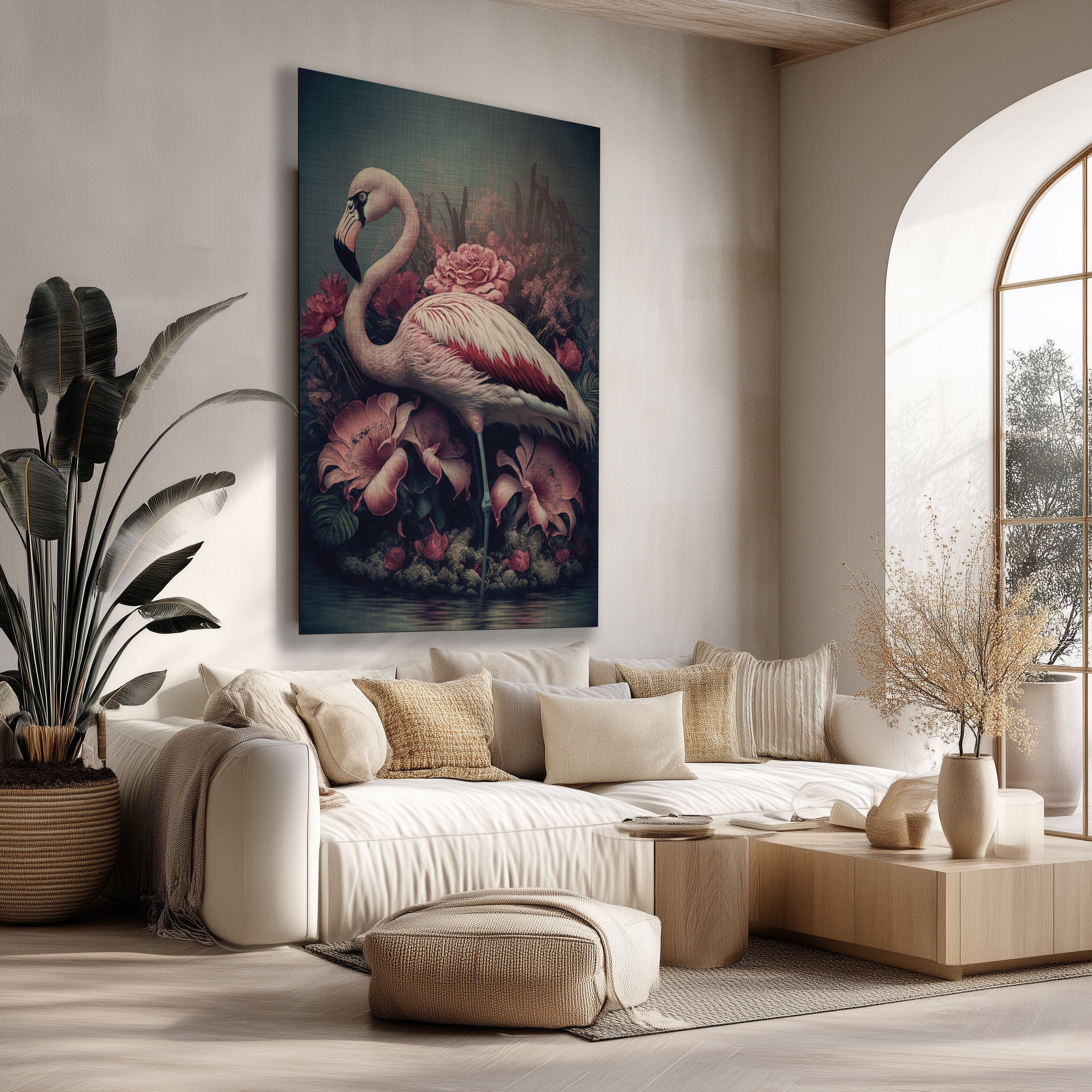 Stijlvolle vintage flamingo poster met roze bloemen in een serene woonkamer met crèmekleurige bank en houten details.