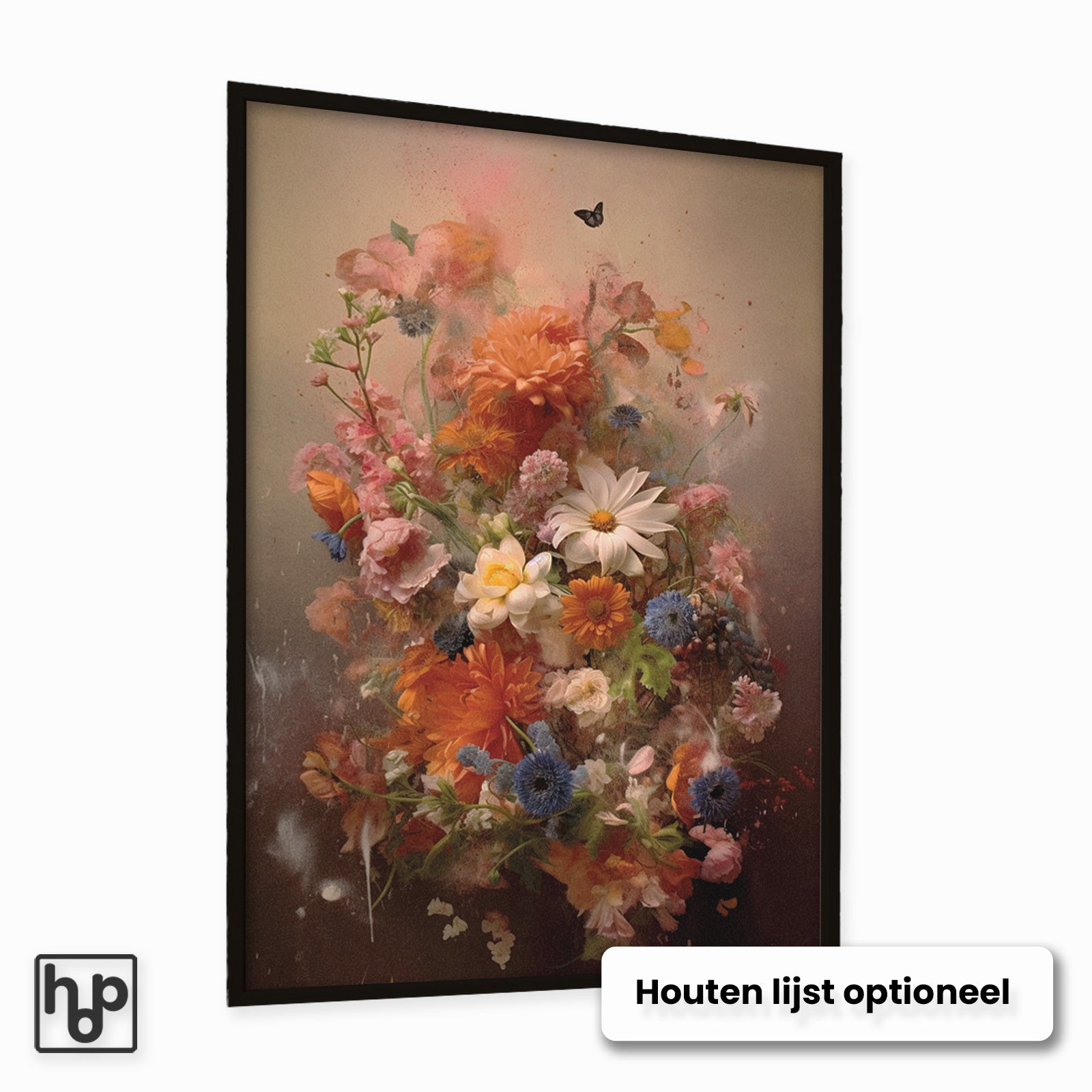 Vintage bloemenexplosie poster met warme oranje, roze en blauwe tinten, zwarte lijst optioneel.