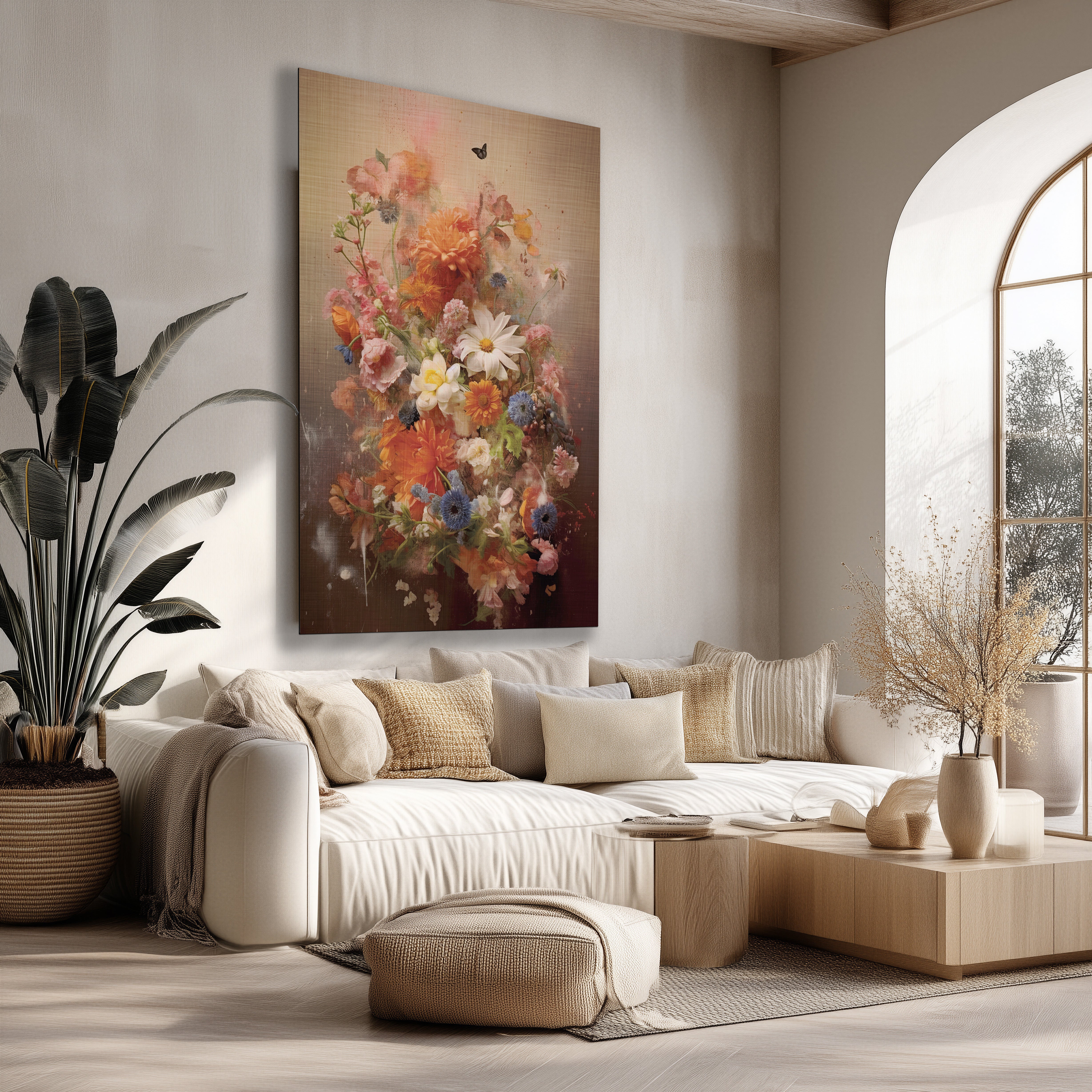 Grote vintage bloemenposter "Bloemen explosie 2" met warme kleuren boven een beige bank in een lichte woonkamer.