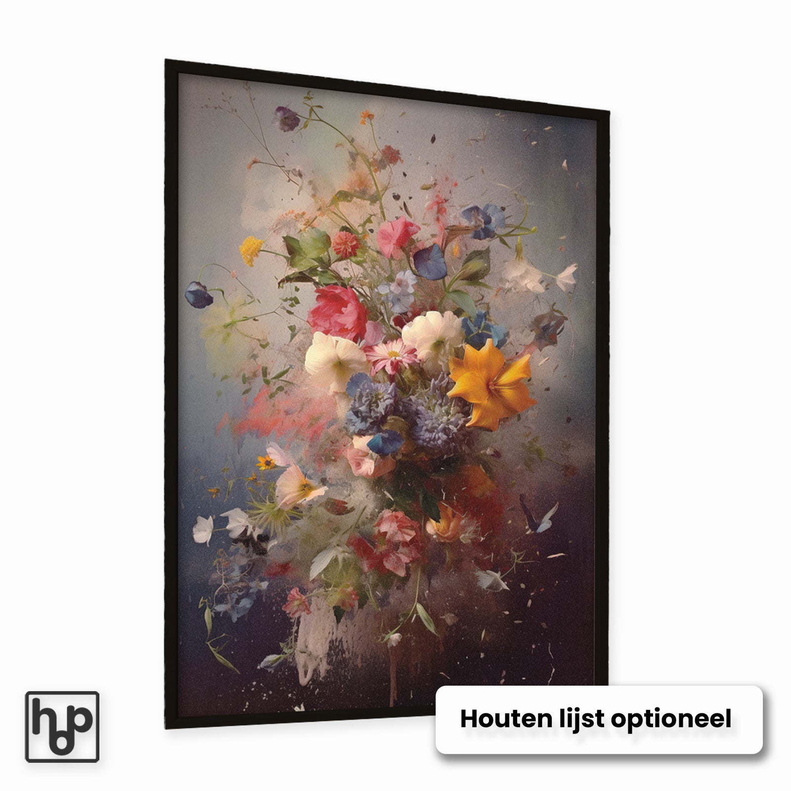 Vintage bloemenexplosie poster met levendige, natuurlijke kleuren in een zwarte lijst.