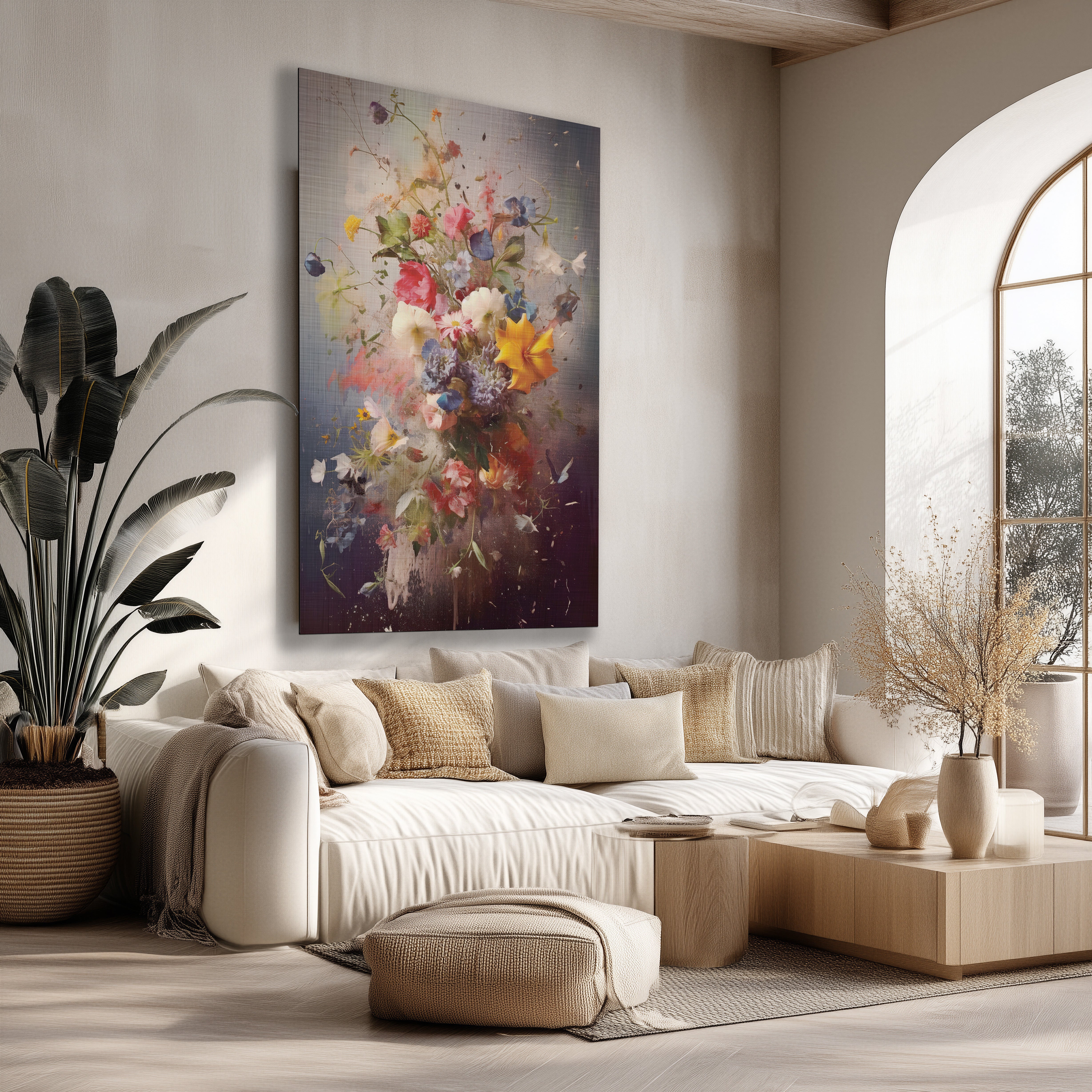 Grote vintage bloemenexplosie poster in warme, levendige kleuren boven een beige bank in een modern interieur.