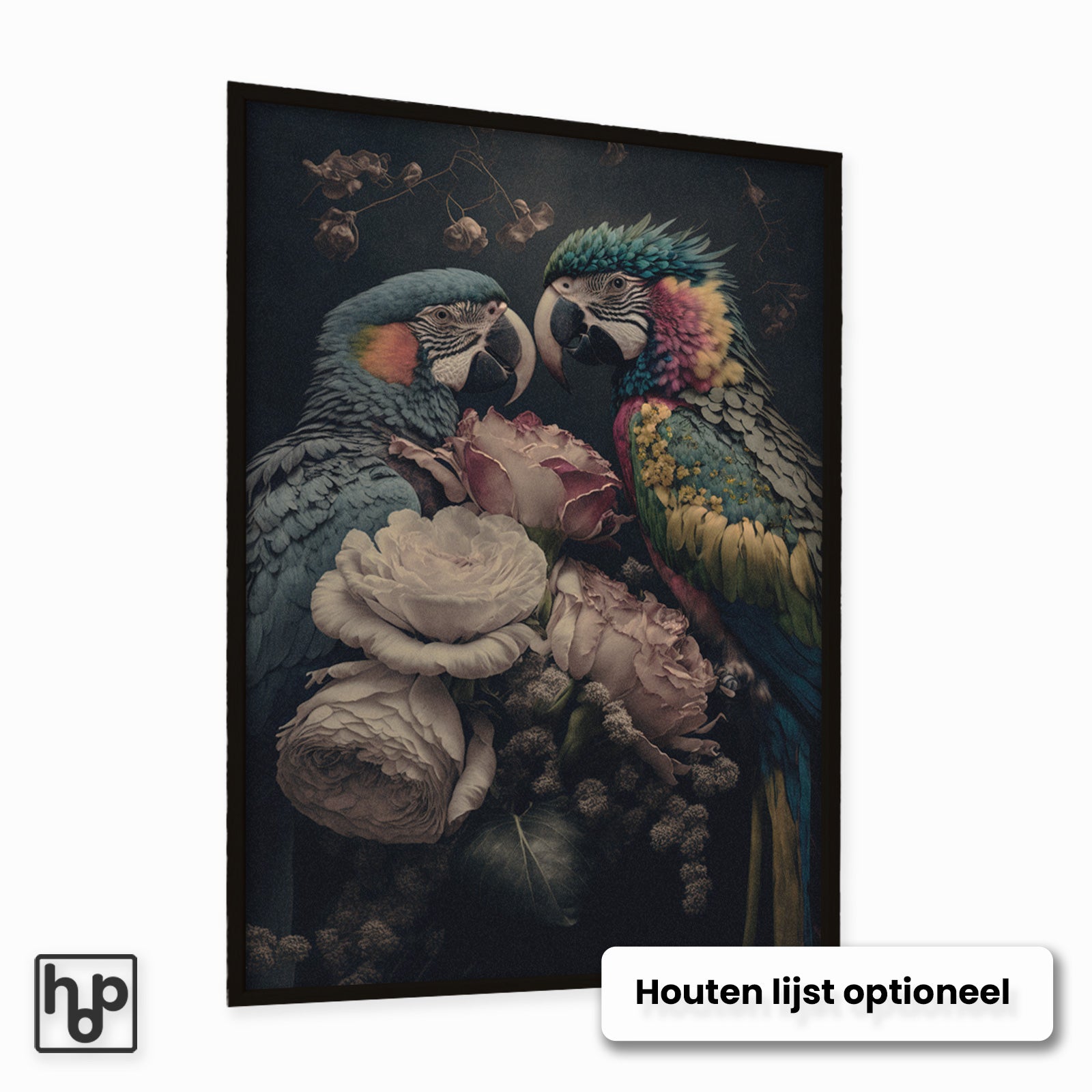 Vintage poster met twee kleurrijke papegaaien en roze-witte rozen op een donkere achtergrond.