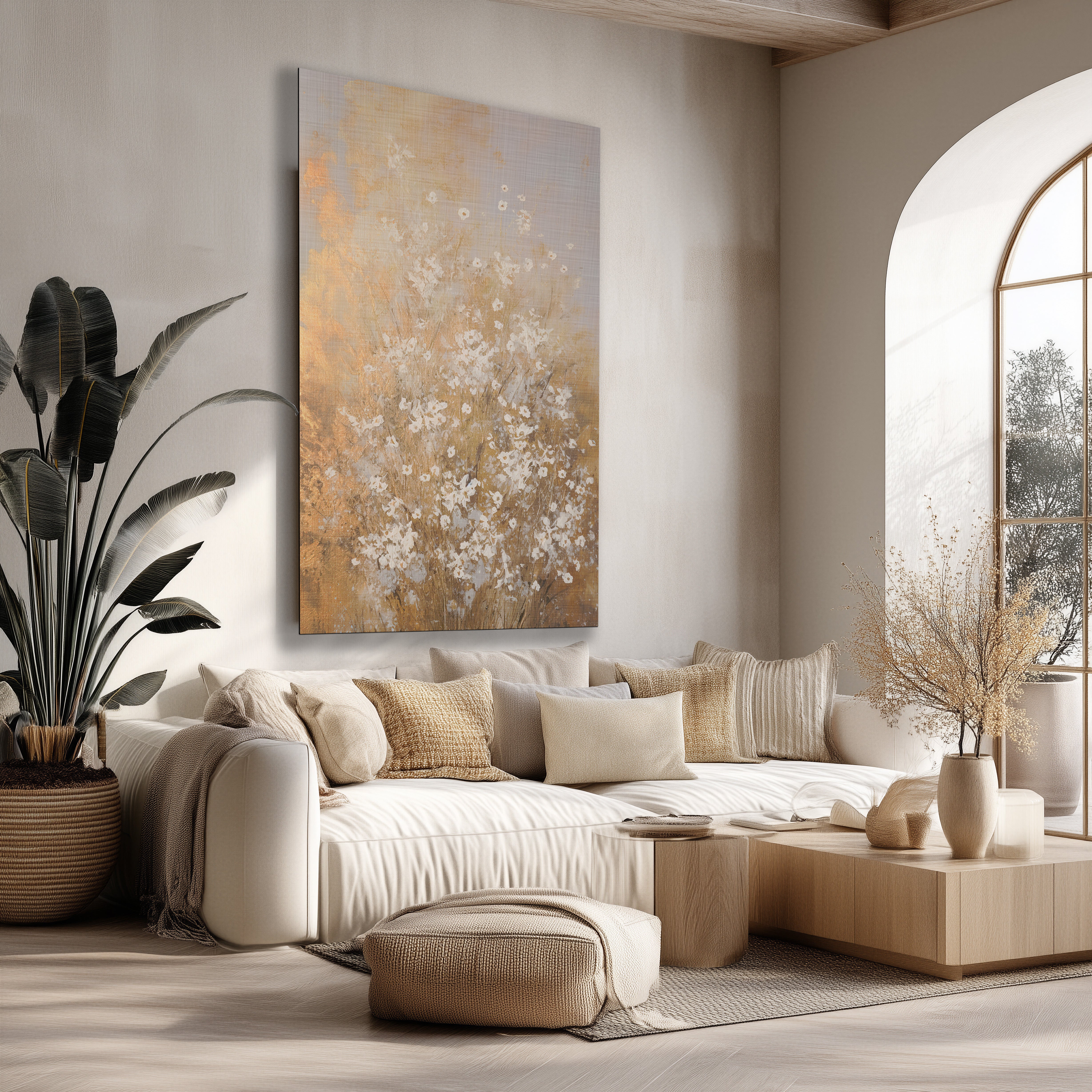 Groot canvas "Bloemen spetters 2" met abstracte witte bloemen op een warme goud-beige achtergrond boven een lichte bank.