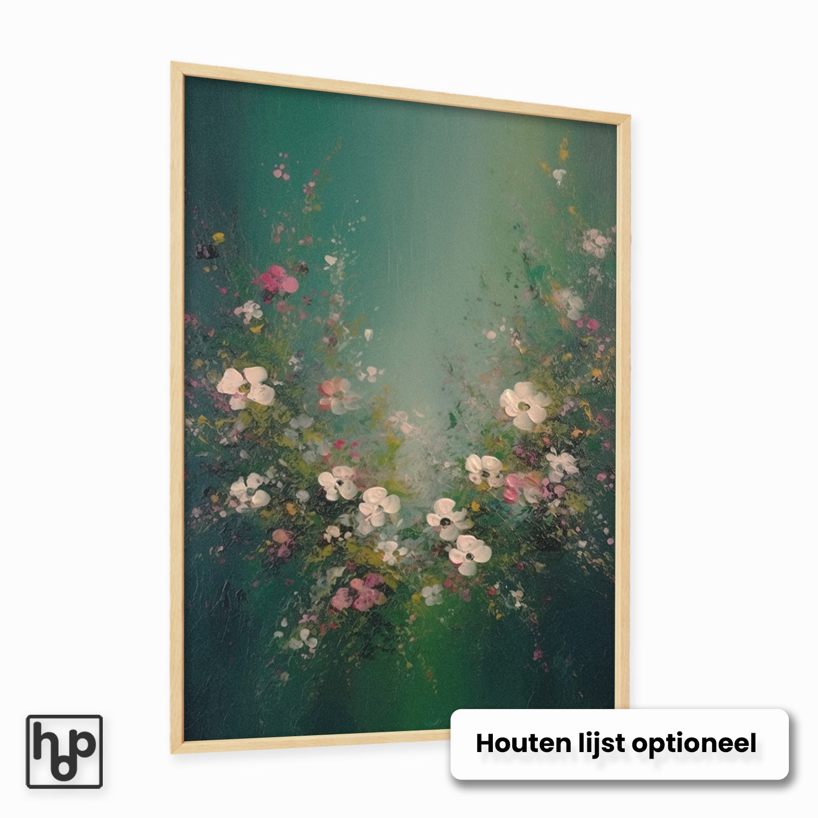 Bloemen spetters 3 kunstwerk met zachte roze en witte bloemen op een donkergroene achtergrond, in een houten lijst.