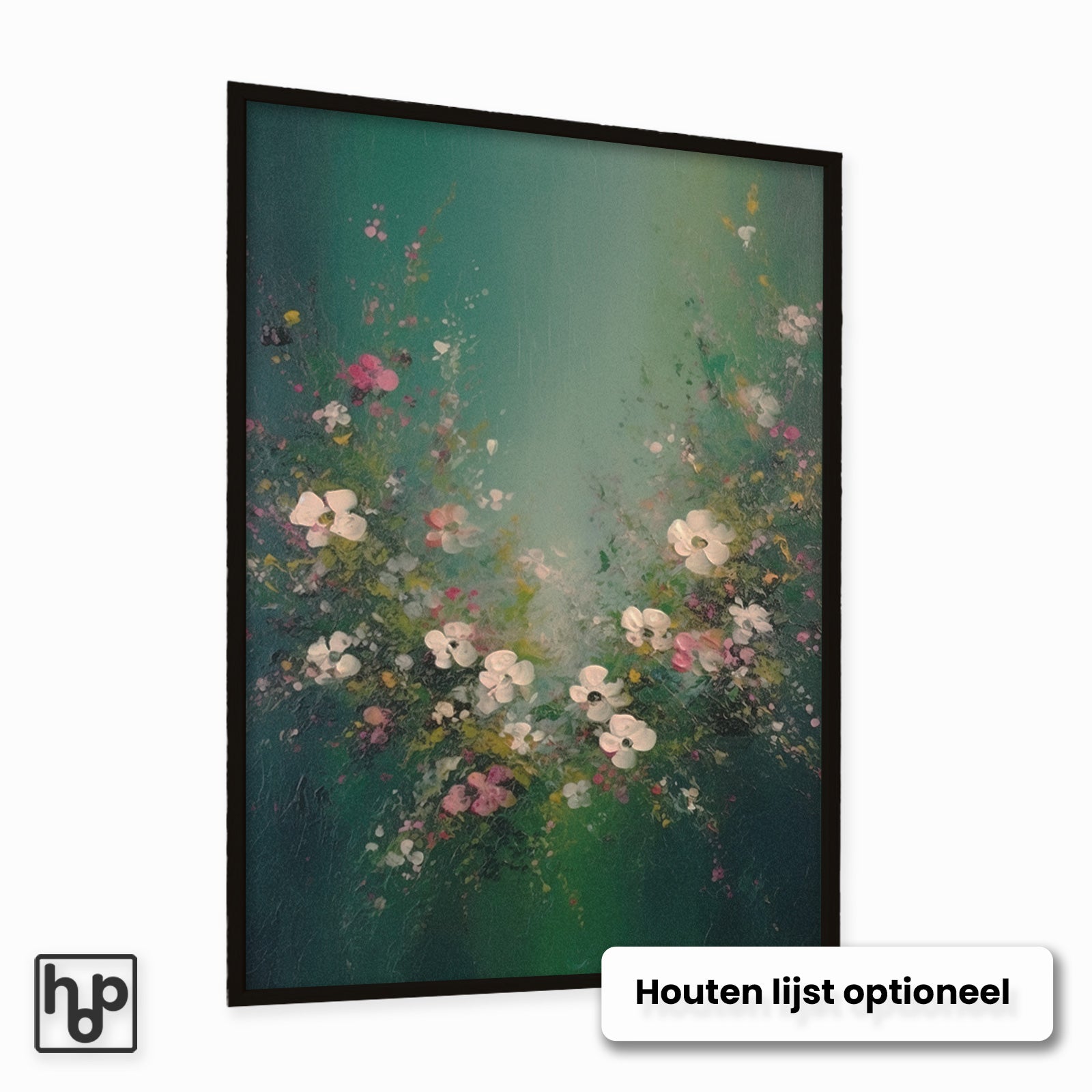 Vintage bloemenkunstwerk "Bloemen spetters 3" met zachte roze en witte bloemen op een donkergroene achtergrond, in een zwarte lijst.