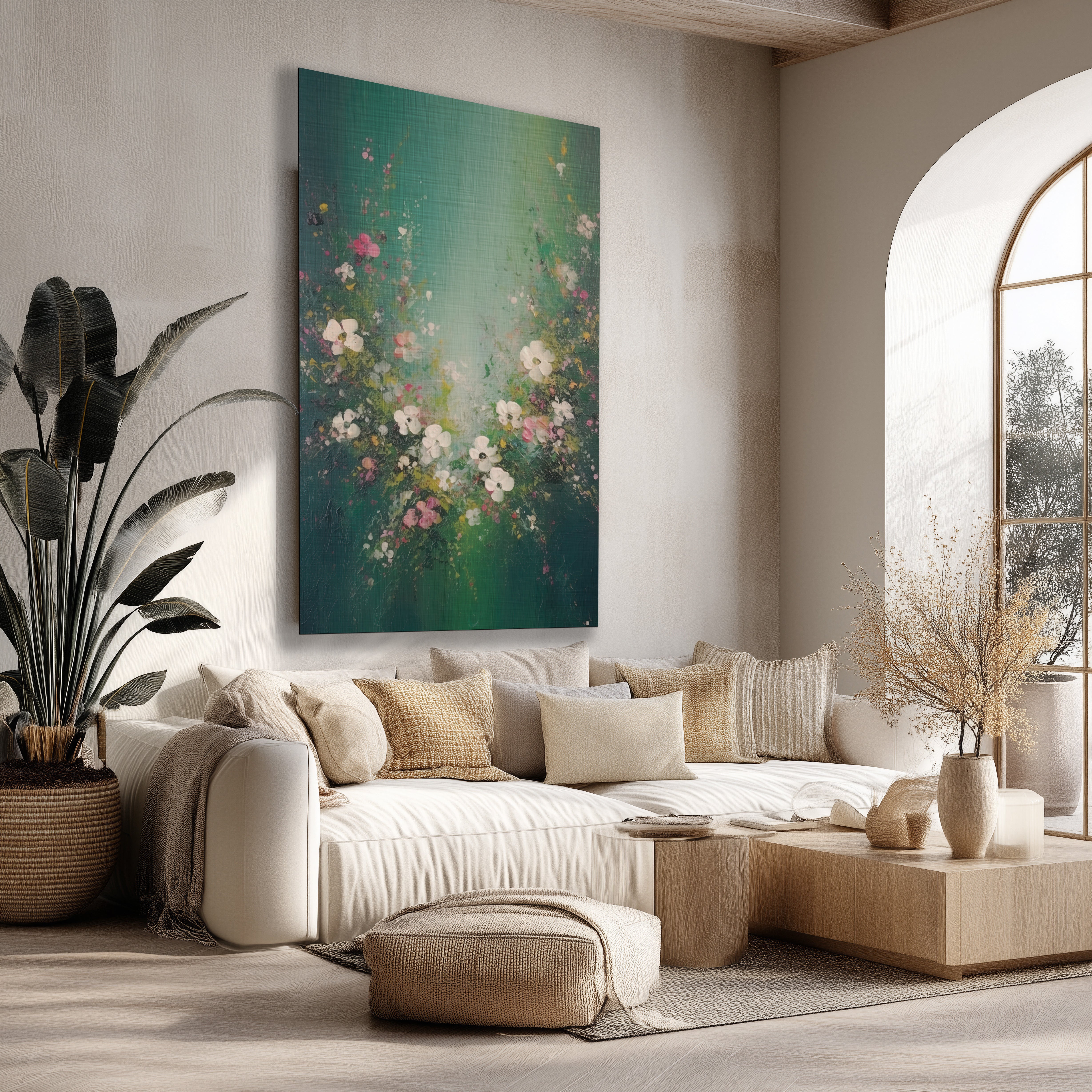 Groot verticaal schilderij "Bloemen spetters 3" met abstracte bloemen in roze, wit en groen boven een beige bank.