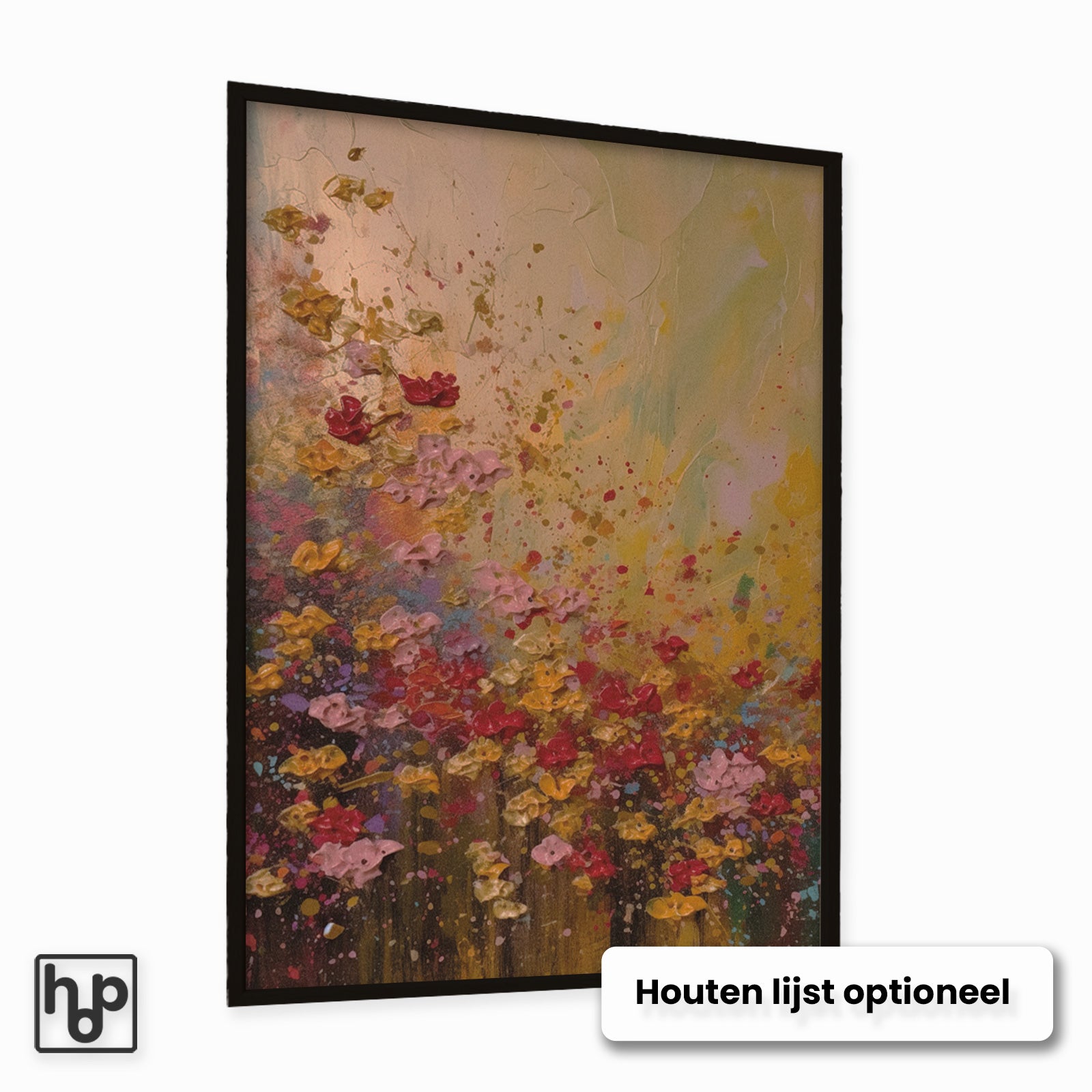 Staande poster met abstracte bloemen in vintage kleuren, spetters en textuur, met optionele zwarte houten lijst.