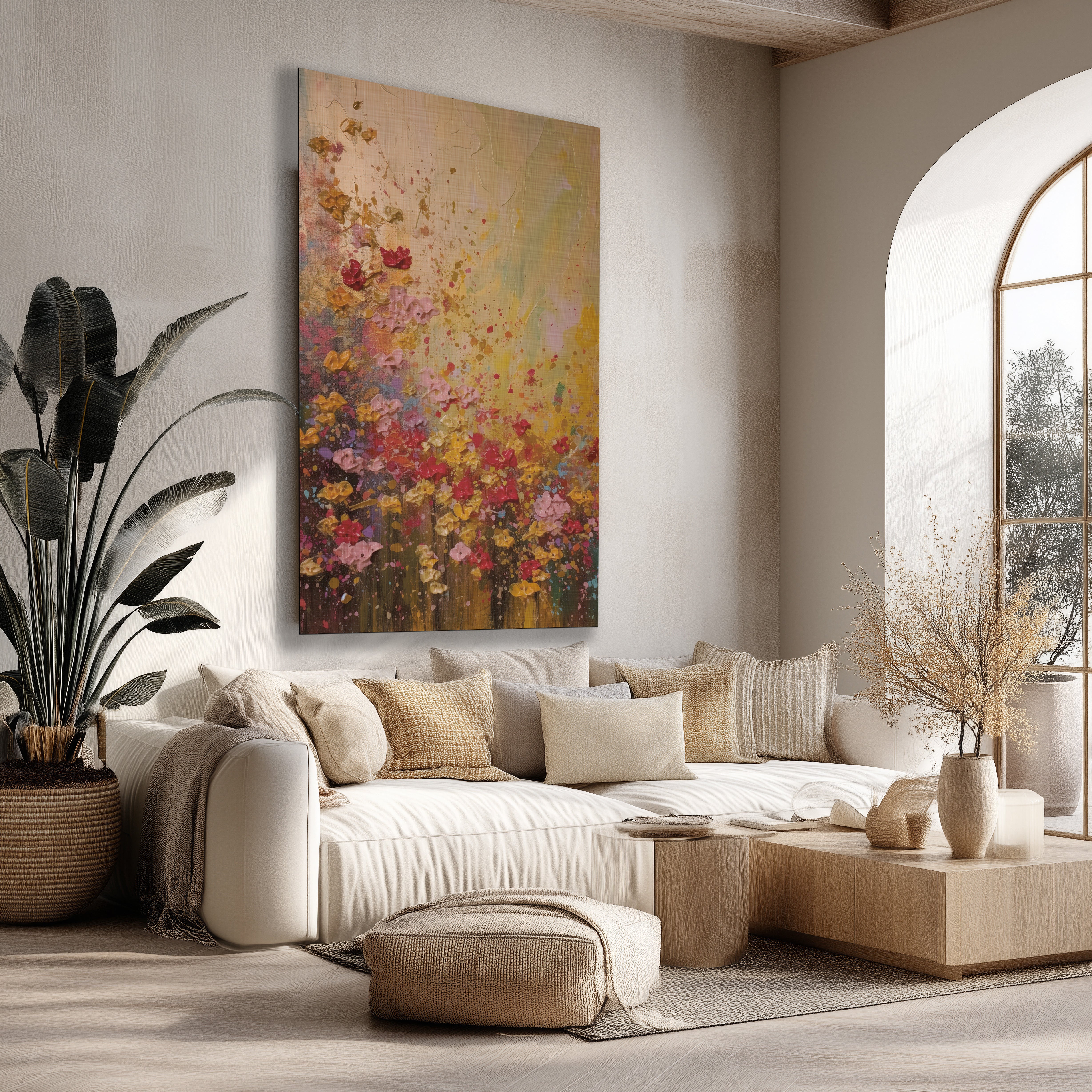 Groot staand canvas met abstracte bloemen in roze, rood en geel, hangend boven een beige bank in een lichte woonkamer.