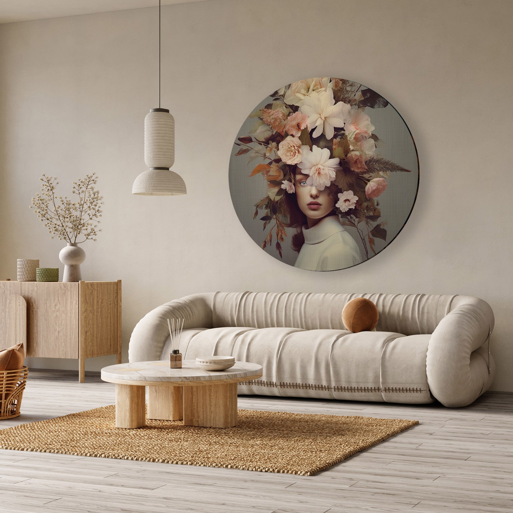 Ronde aluminium dibond muurcirkel met vrouwelijk portret en pastelkleurige bloemen, in een moderne woonkamer.