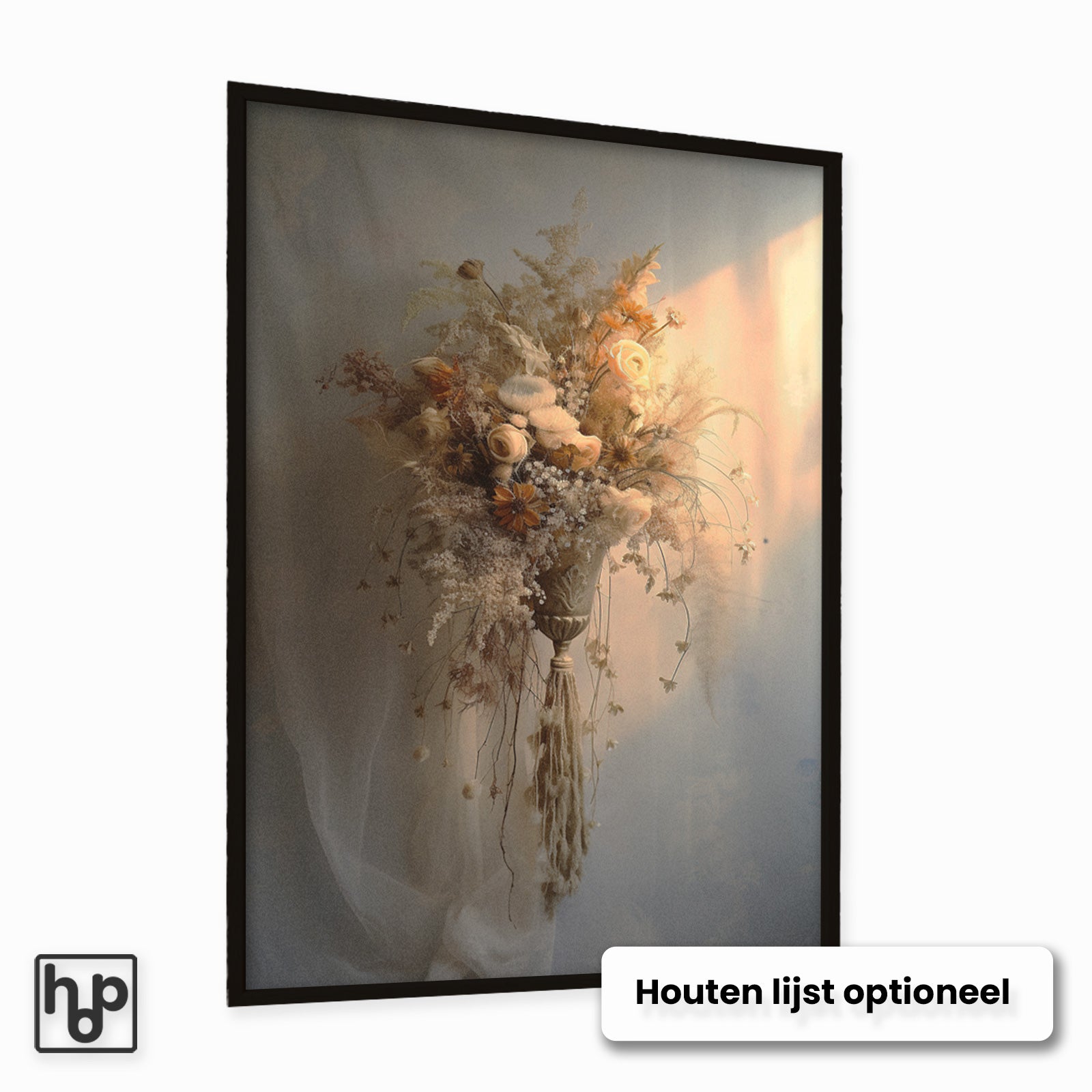 Staande poster met een vintage boeket van gedroogde bloemen in zachte, natuurlijke tinten en een zwarte lijst.