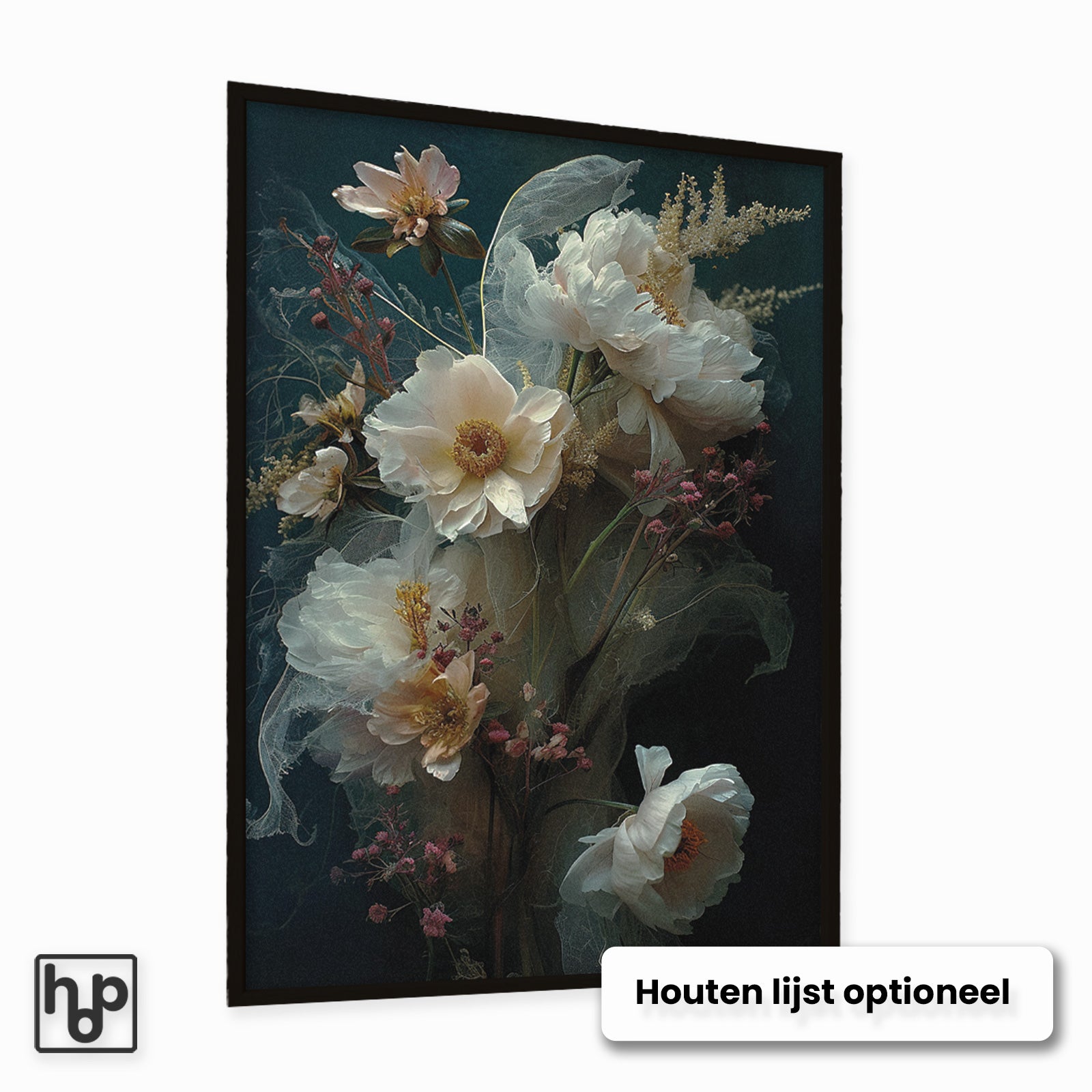 Staande poster met delicate witte en roze bloemen, subtiele vlinder en vintage design.