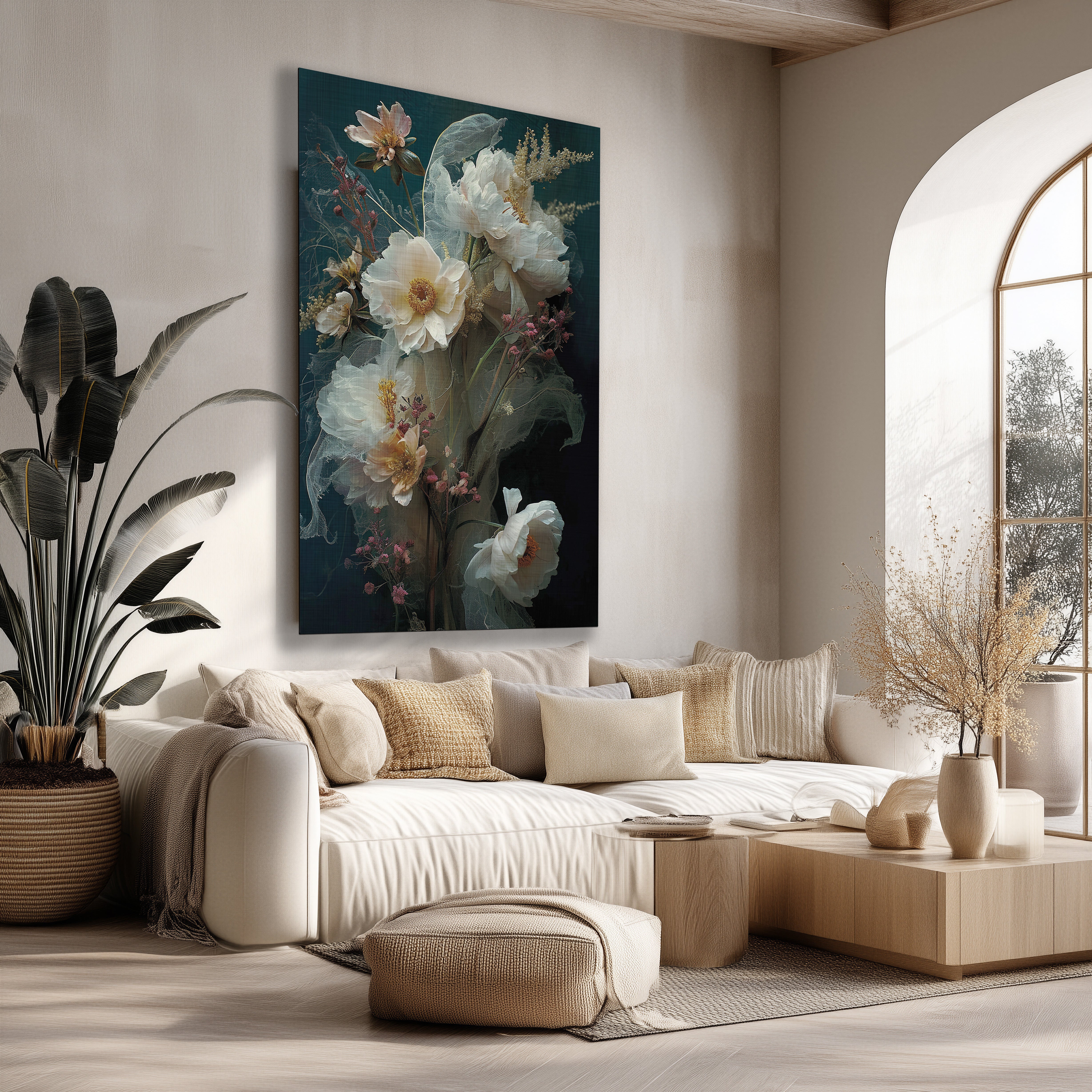 Groot canvas met vintage bloemen en vlinder, zachte kleuren, in een moderne woonkamer.
