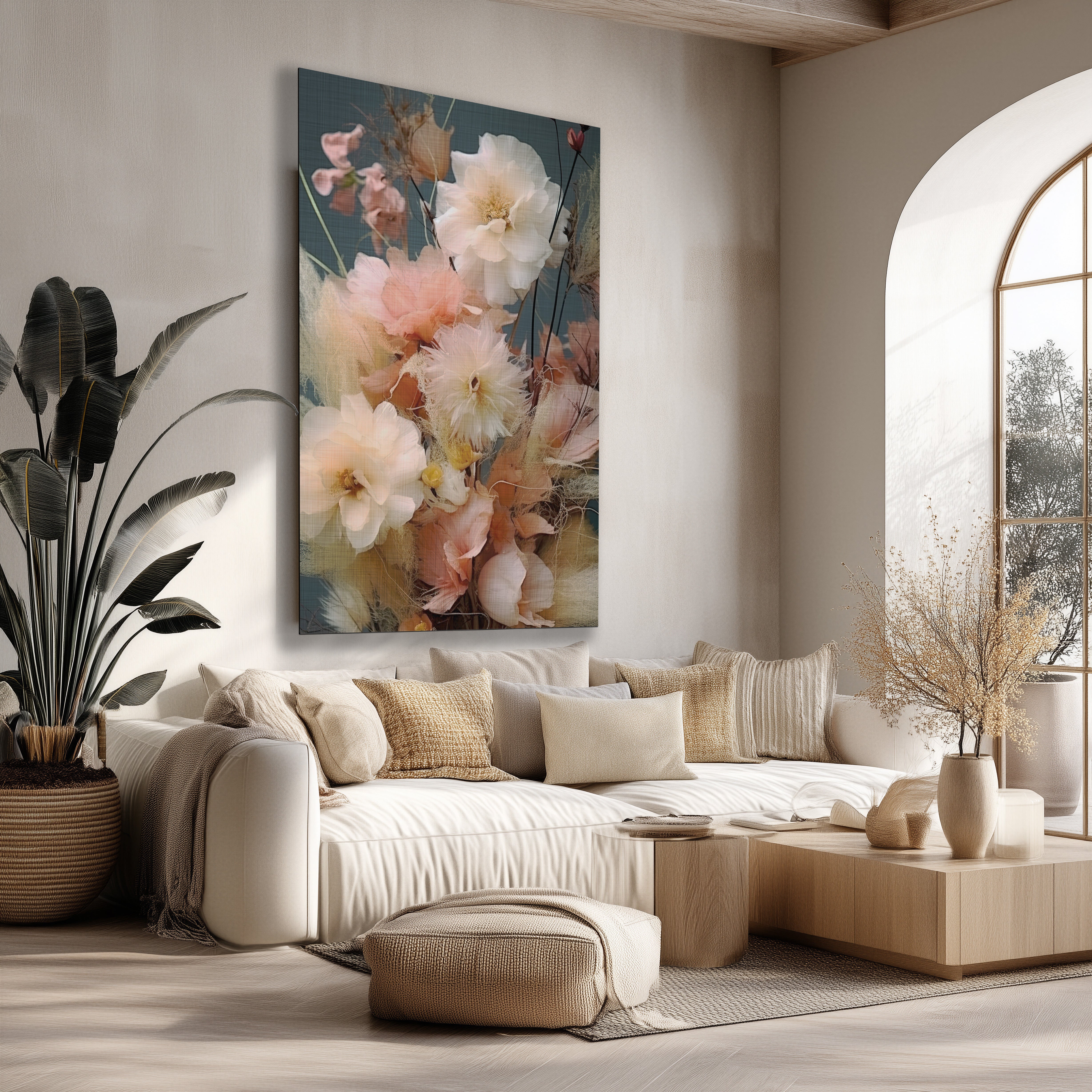 Staande poster met delicate roze en beige bloemen en vlinder, in een modern interieur.