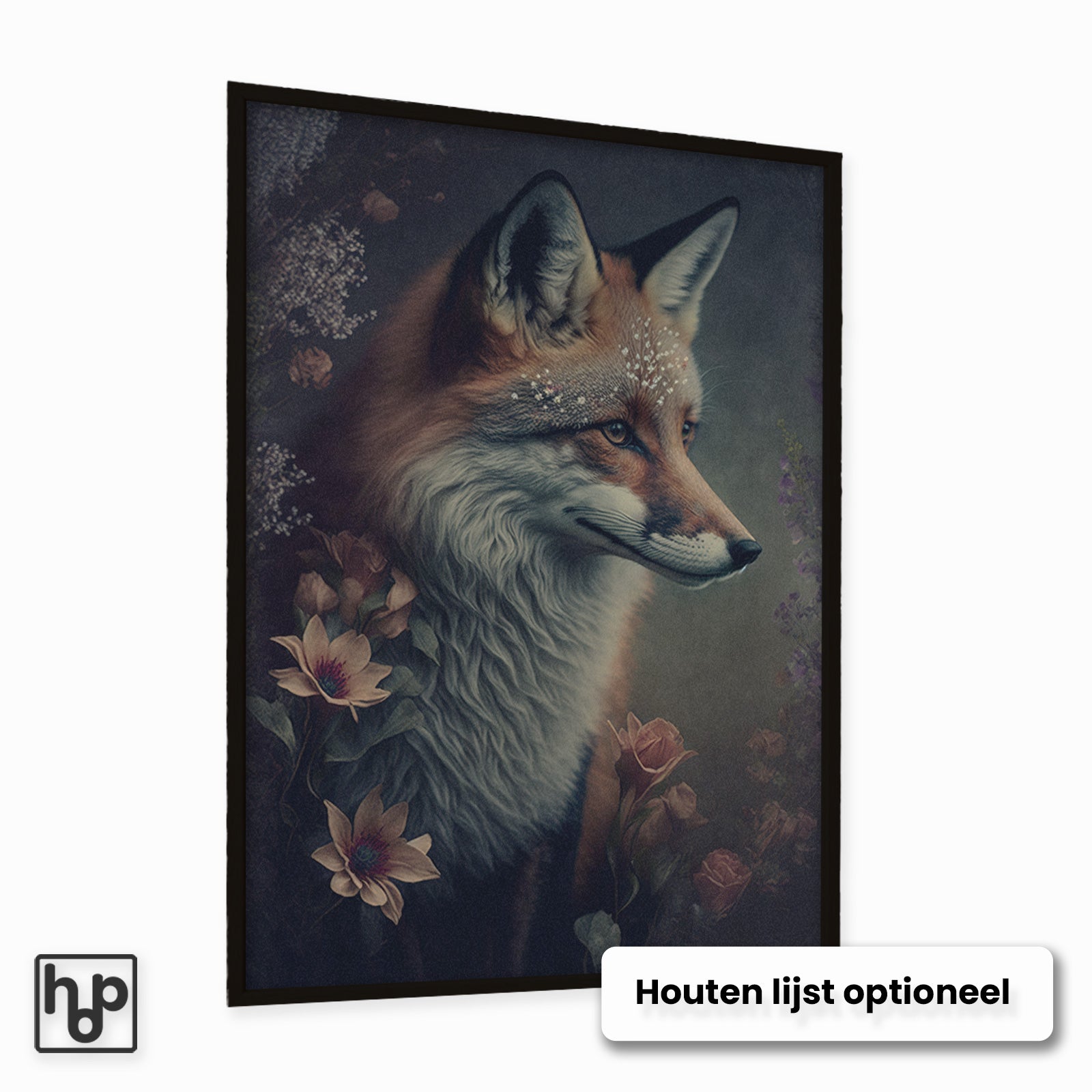 Staande poster met een vos en botanische bloemen in warme natuurtinten, met optionele zwarte houten lijst.