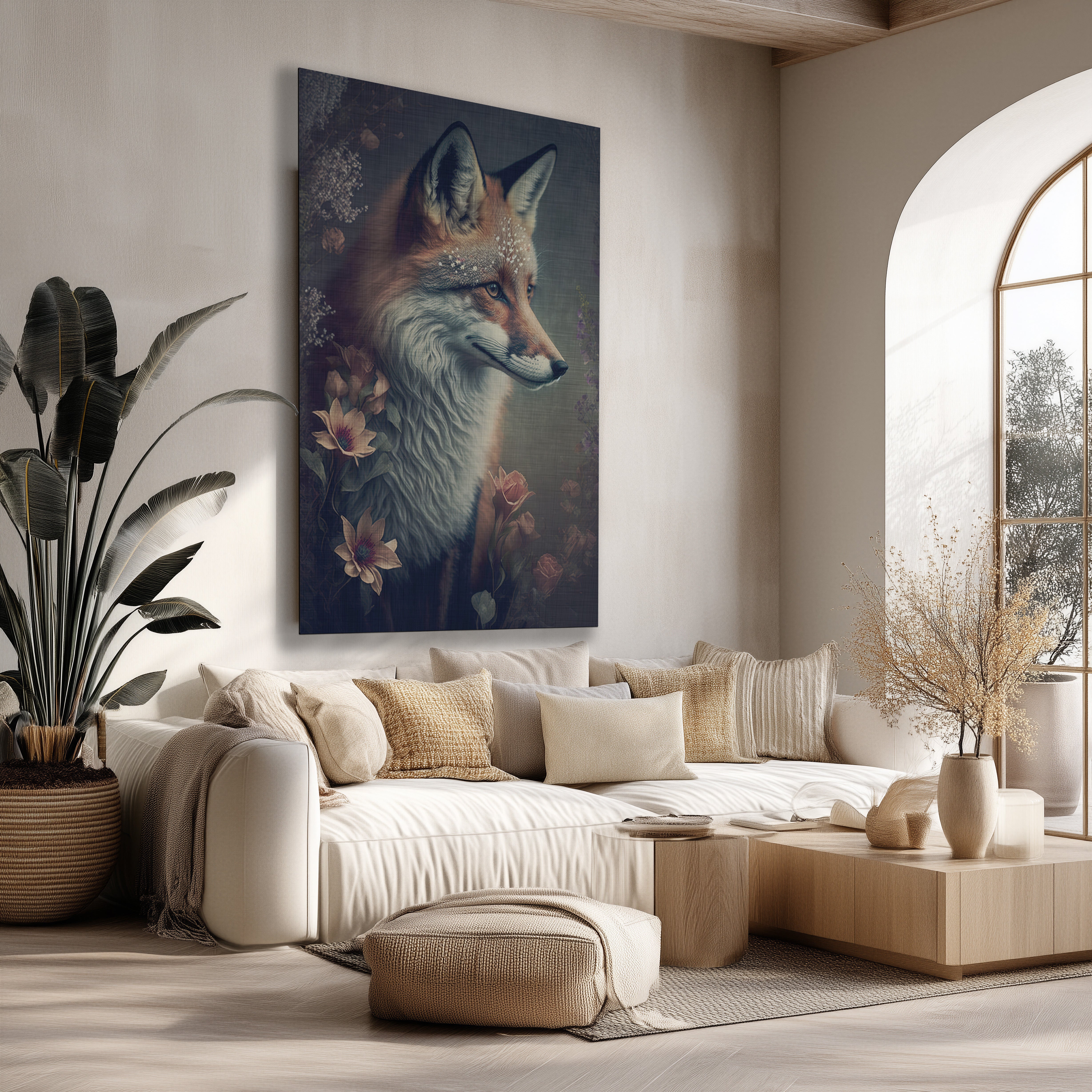 Stijlvolle poster van een vos met botanische bloemen in zachte natuurtinten, hangend boven een beige bank in een modern interieur.