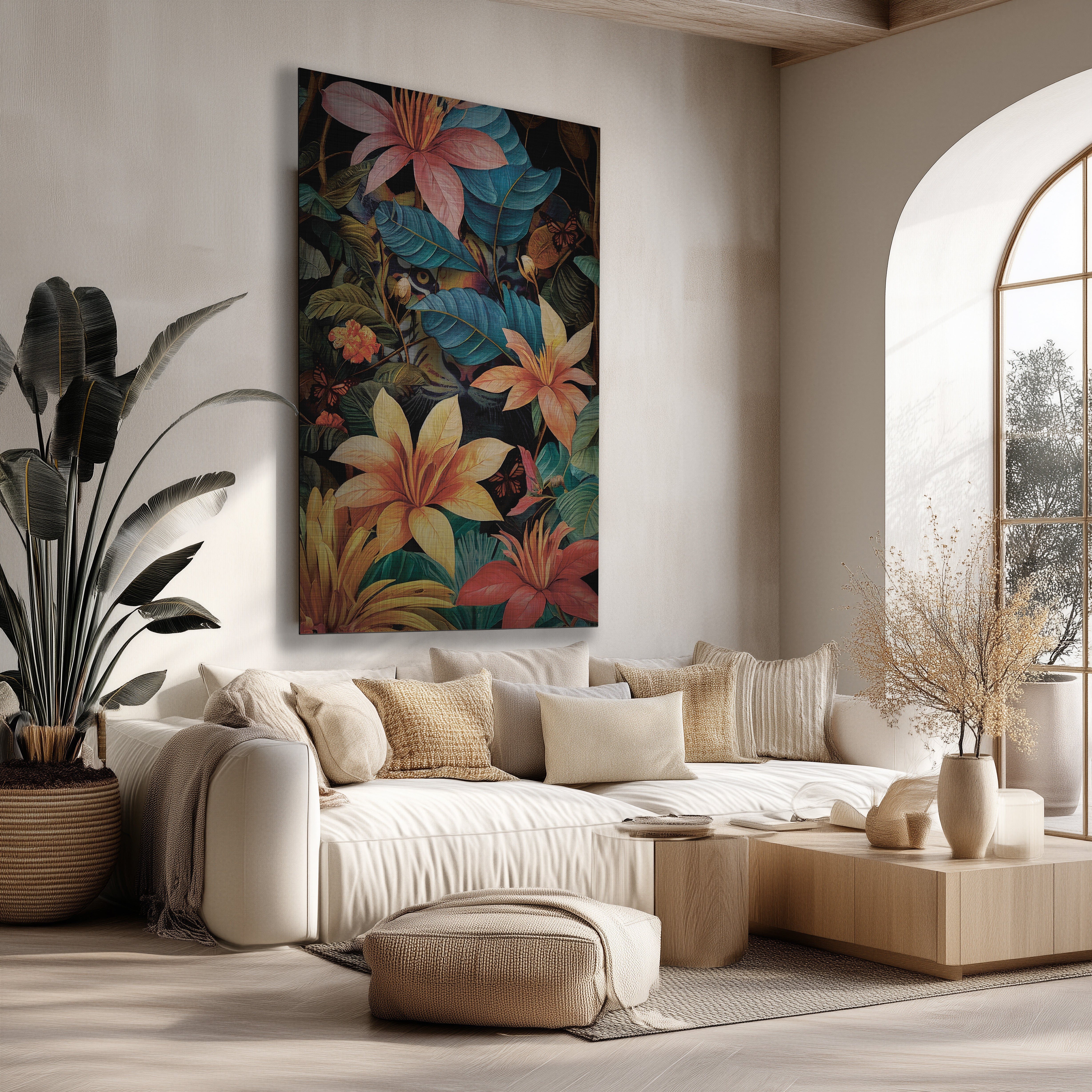 Staande poster met kleurrijke tijger tussen weelderige jungleplanten in een modern interieur.
