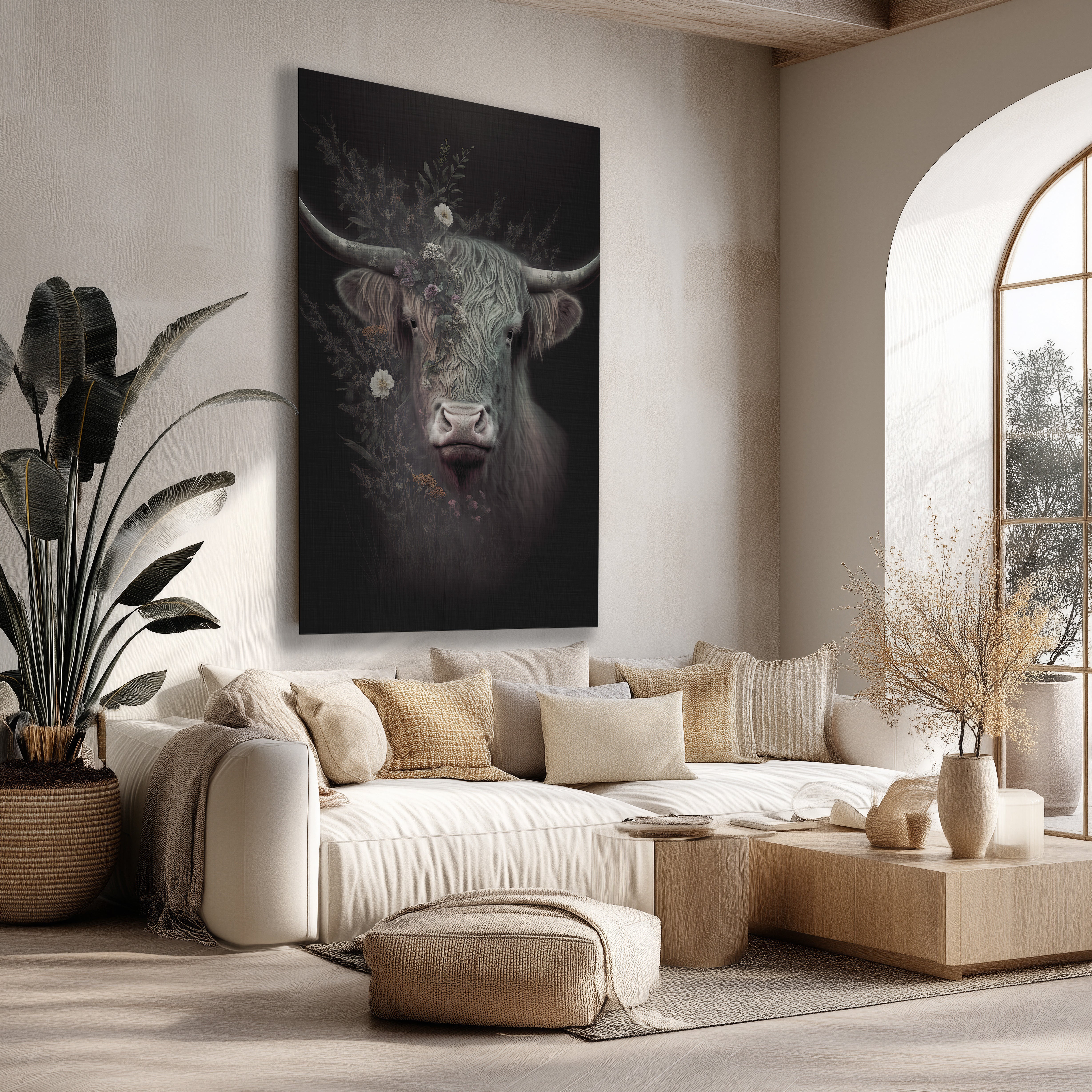 Staande poster van een Schotse hooglander met bloemen op een donkere achtergrond, in een modern interieur.