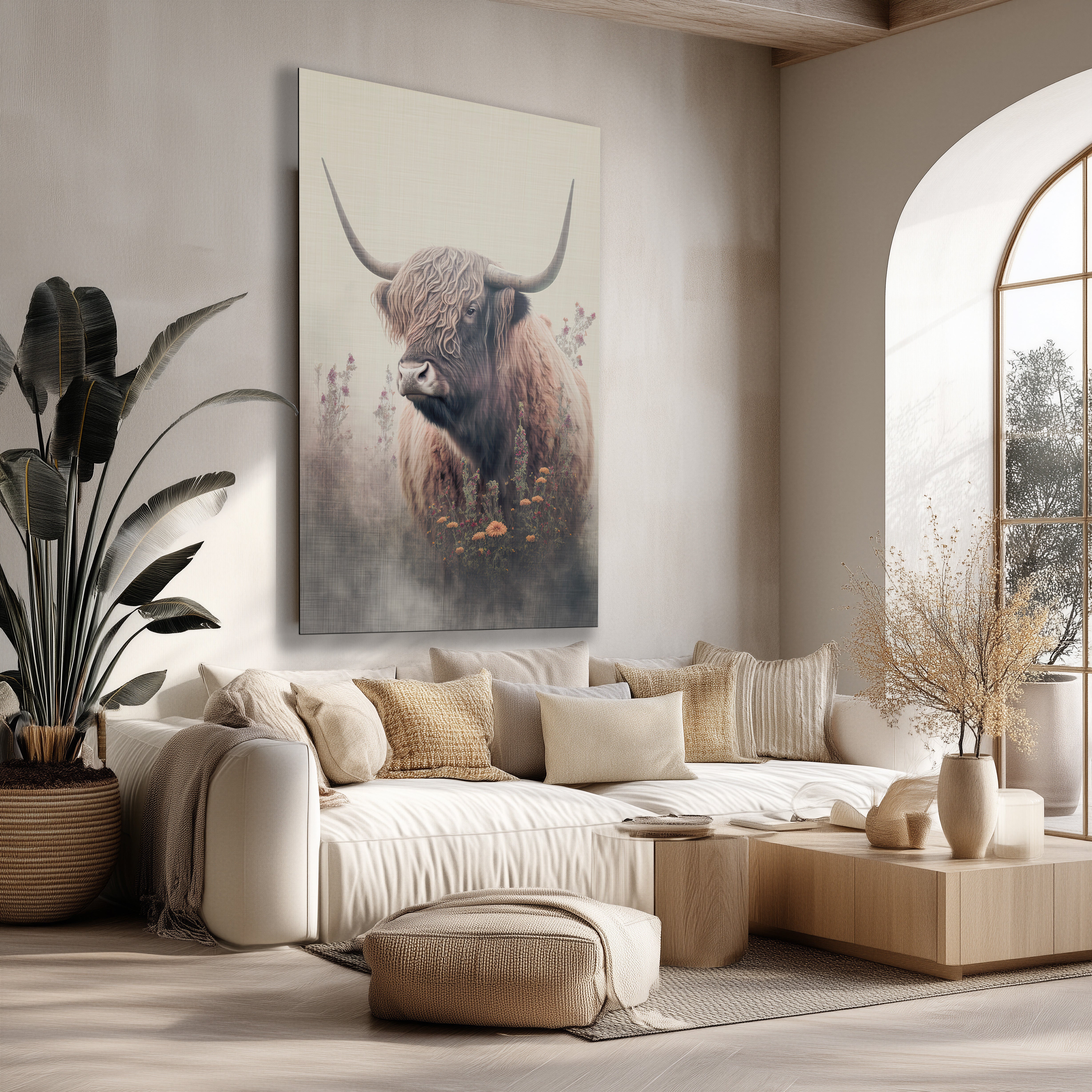 Wanddecoratie met Schotse hooglander tussen botanische bloemen in een landelijke woonkamer.