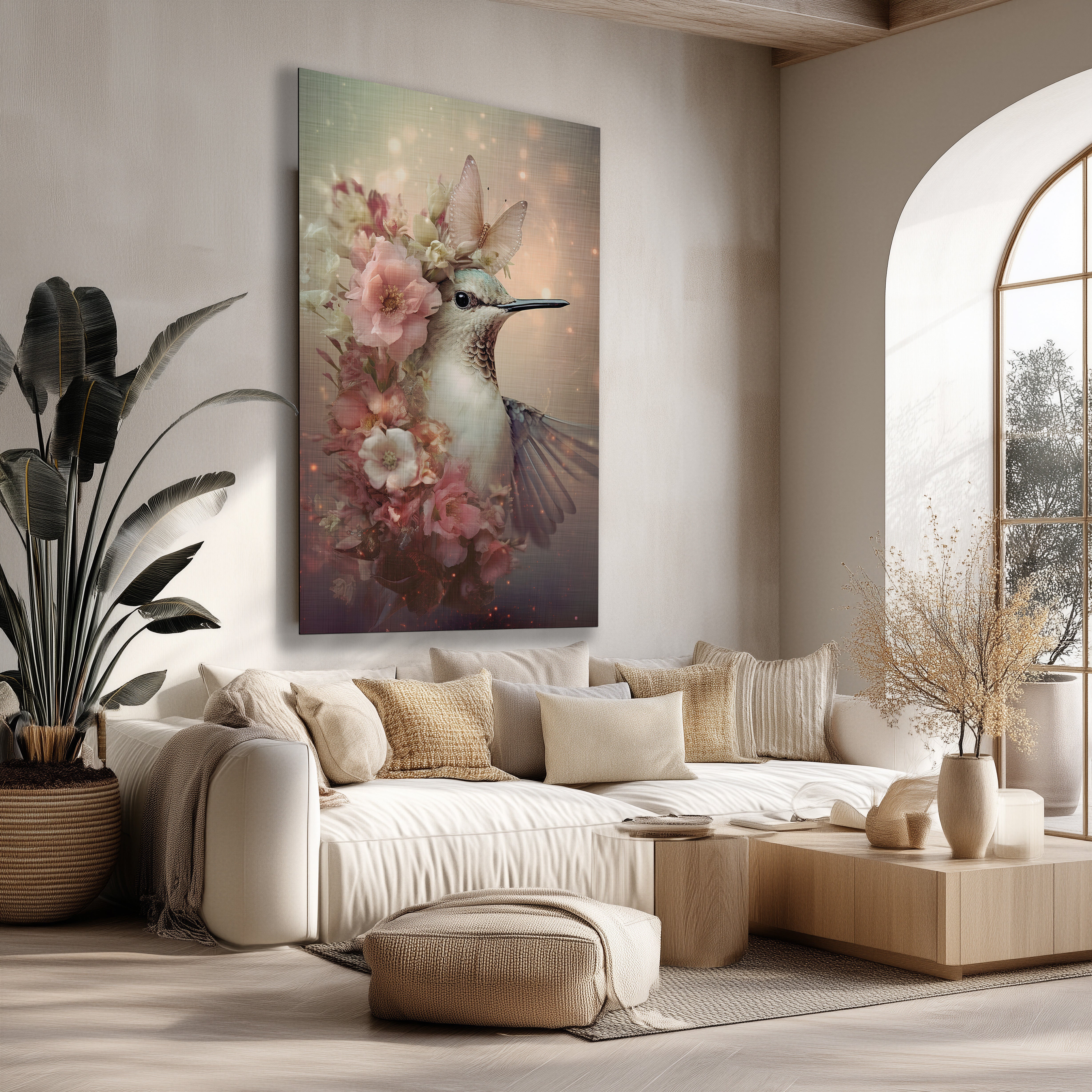 Stijlvolle Kolibri 2 poster met bloemenkrans boven een beige bank in een modern interieur.