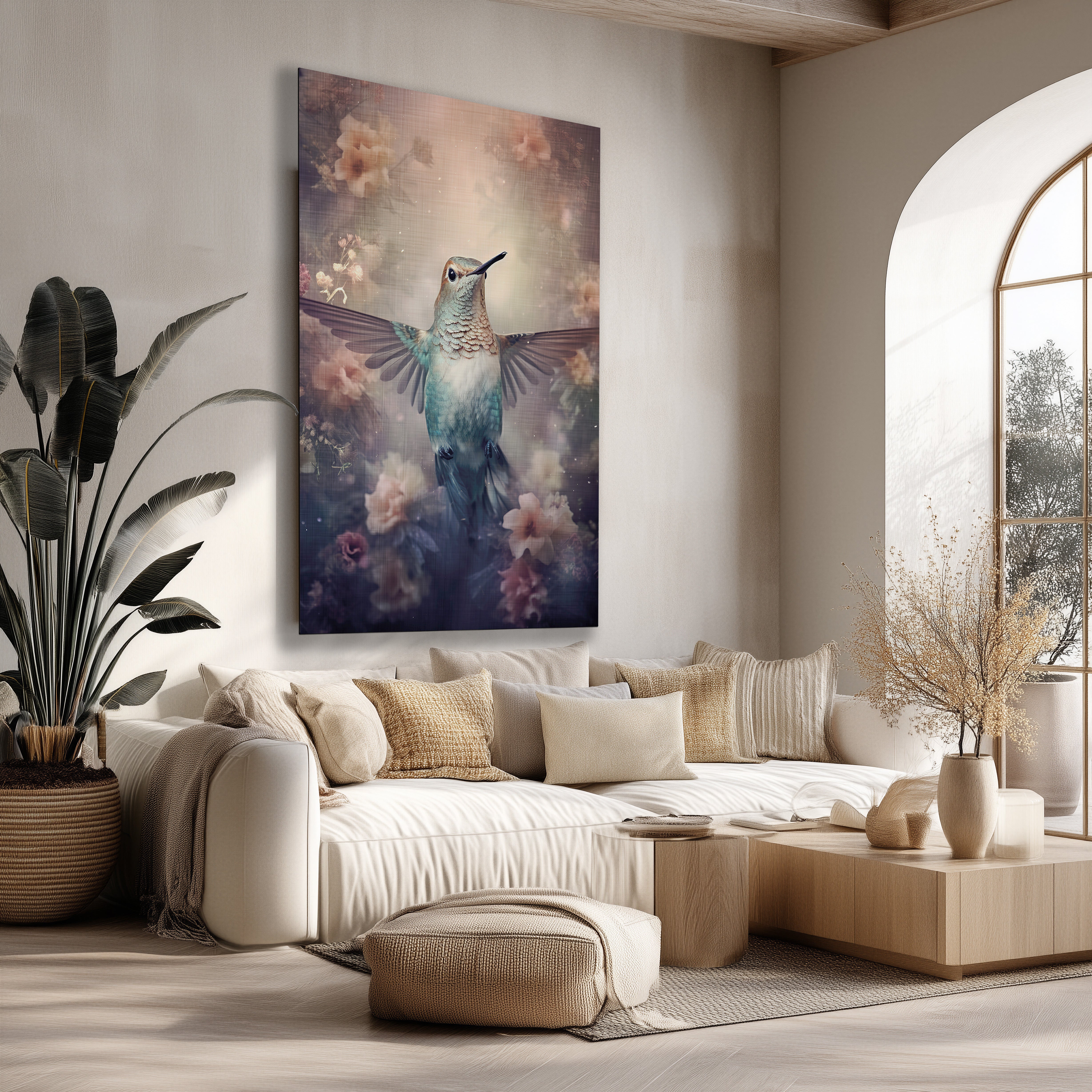 Kolibri poster met sierlijke kolibrie en botanische bloemen in zachte pastelkleuren, hangend boven een beige bank.
