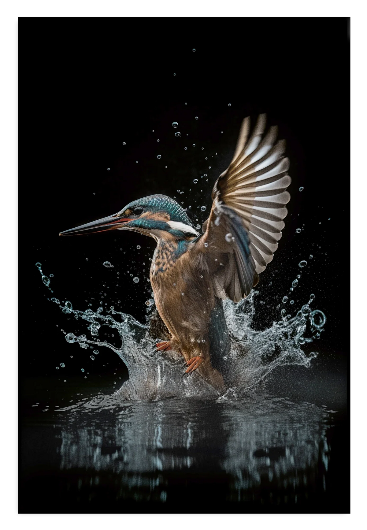 Akoestisch paneel Ijsvogel 4: ijsvogel die uit het water opstijgt tegen een zwarte achtergrond.