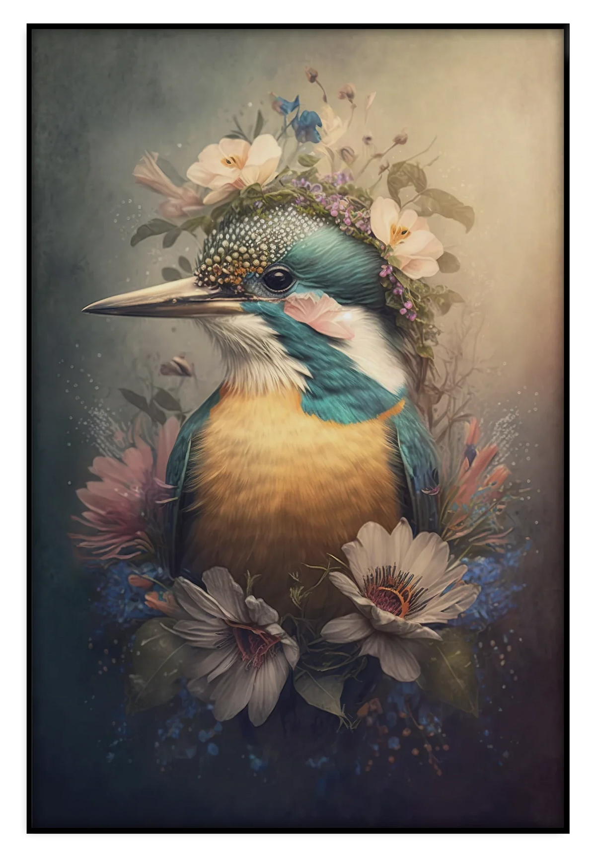 Artframe Ijsvogel 6: ijsvogel met bloemen op de kop en rond de borst.