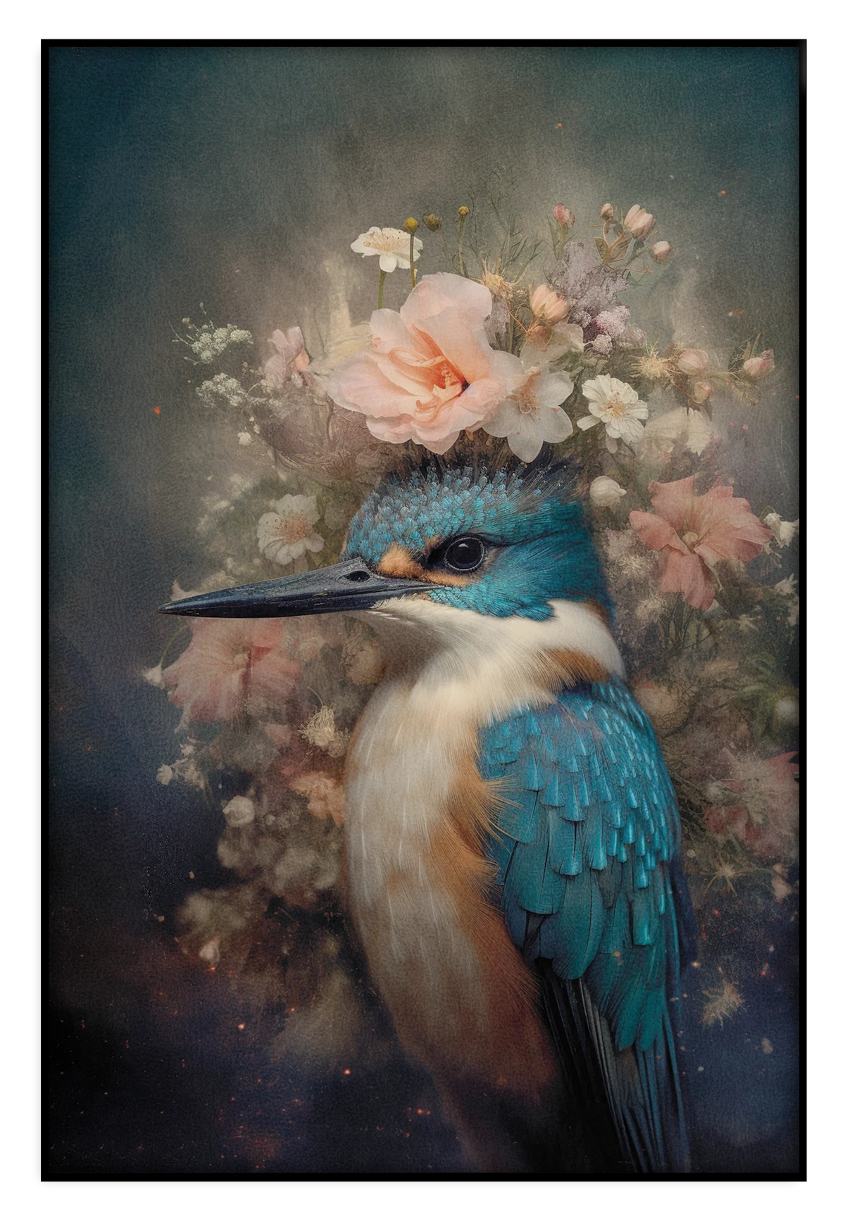 Akoestisch paneel Ijsvogel 7: blauwe ijsvogel met roze bloemen op de kop.