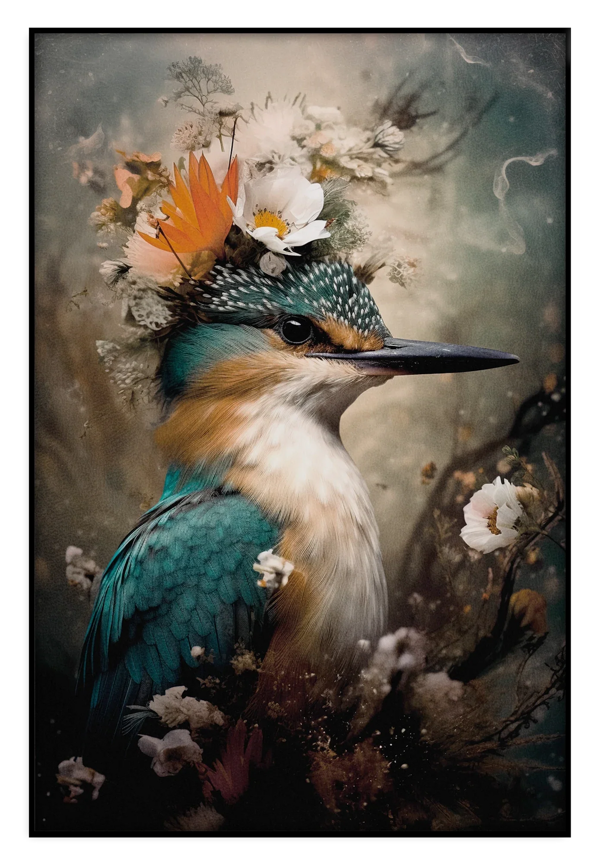 Akoestisch paneel Ijsvogel 8: ijsvogel met witte bloemen en een oranje vlinder op de kop.
