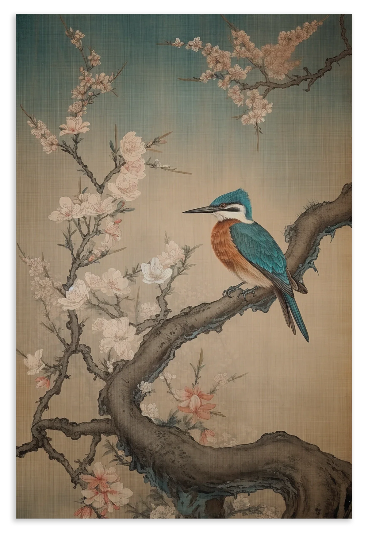 Houten wanddecoratie Ijsvogel 9: ijsvogel op een tak tussen witte en roze bloesem.