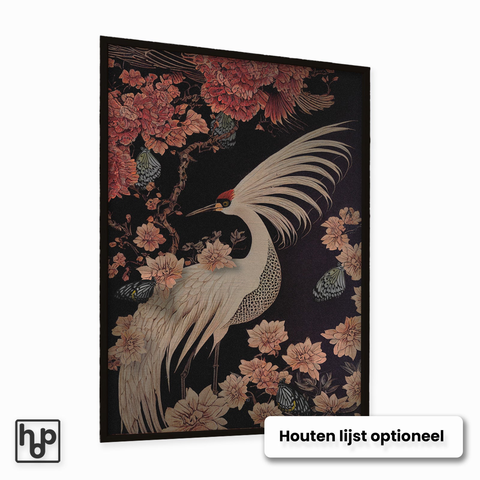 Japanse kraanvogel poster met kersenbloesem, vlinders en vintage tinten op zwarte achtergrond.