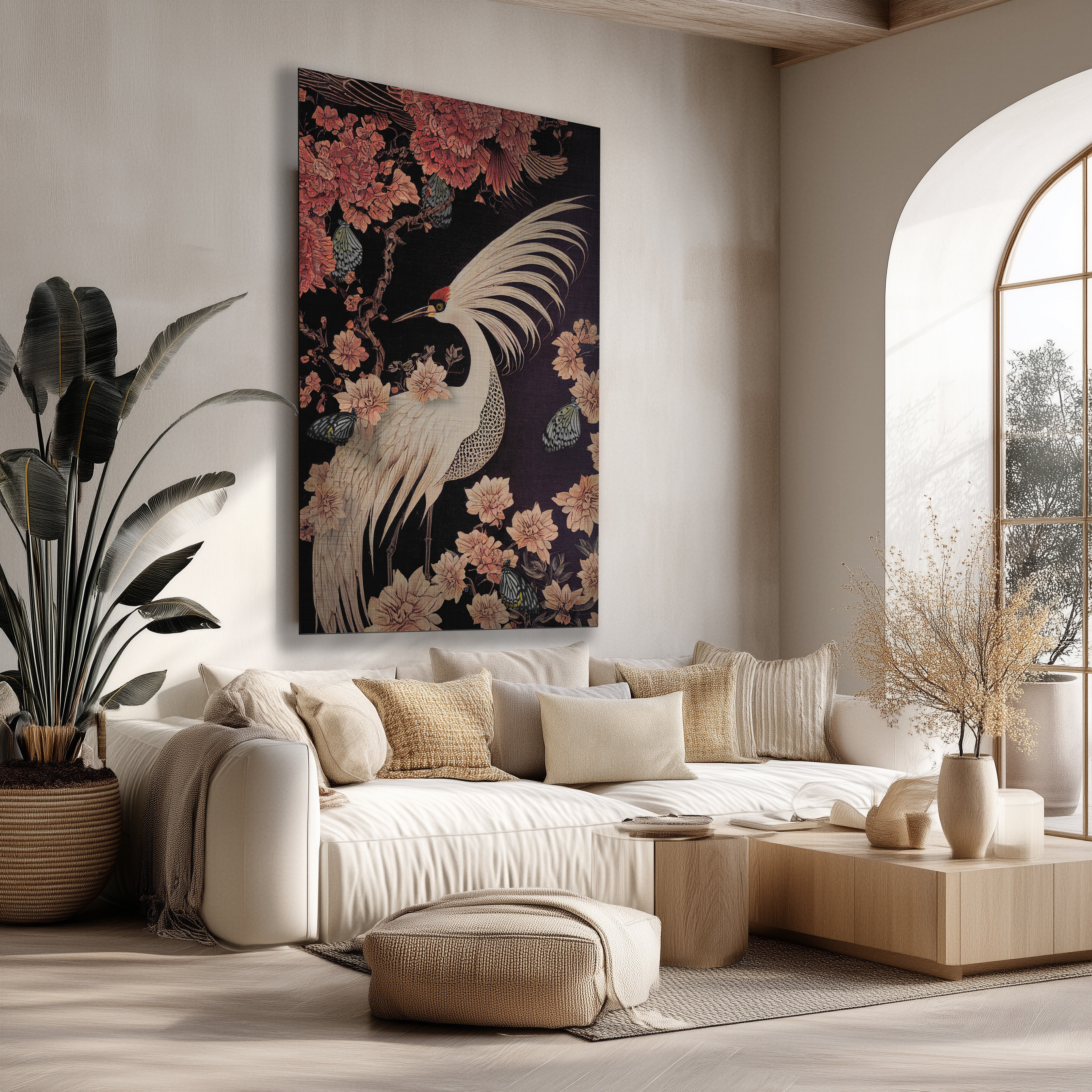 Japanse kraanvogel poster met kersenbloesem en vlinders, in een zen-stijl woonkamer.