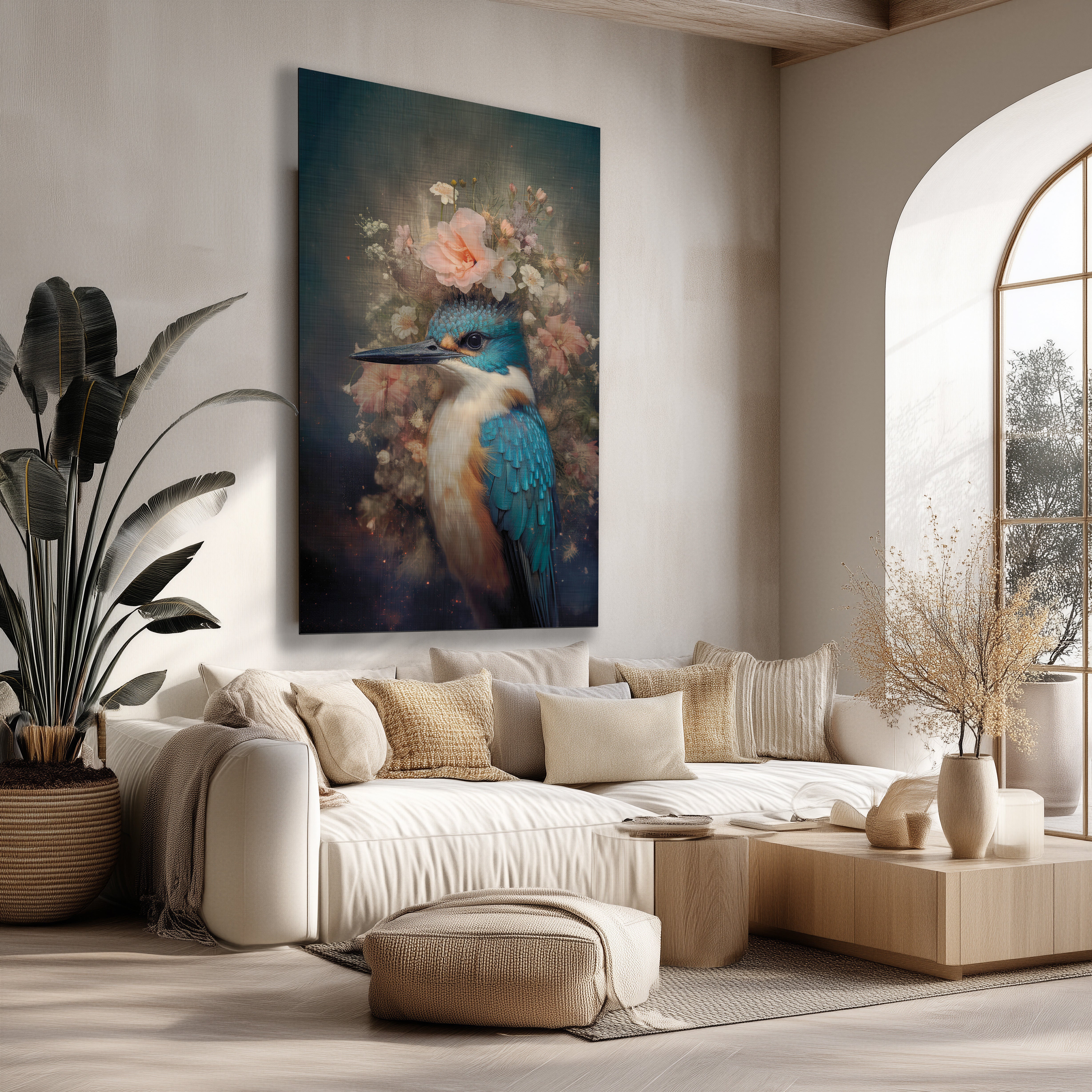 Grote poster van een kleurige ijsvogel met bloemen in een botanische setting, hangend boven een beige bank in een lichte woonkamer.
