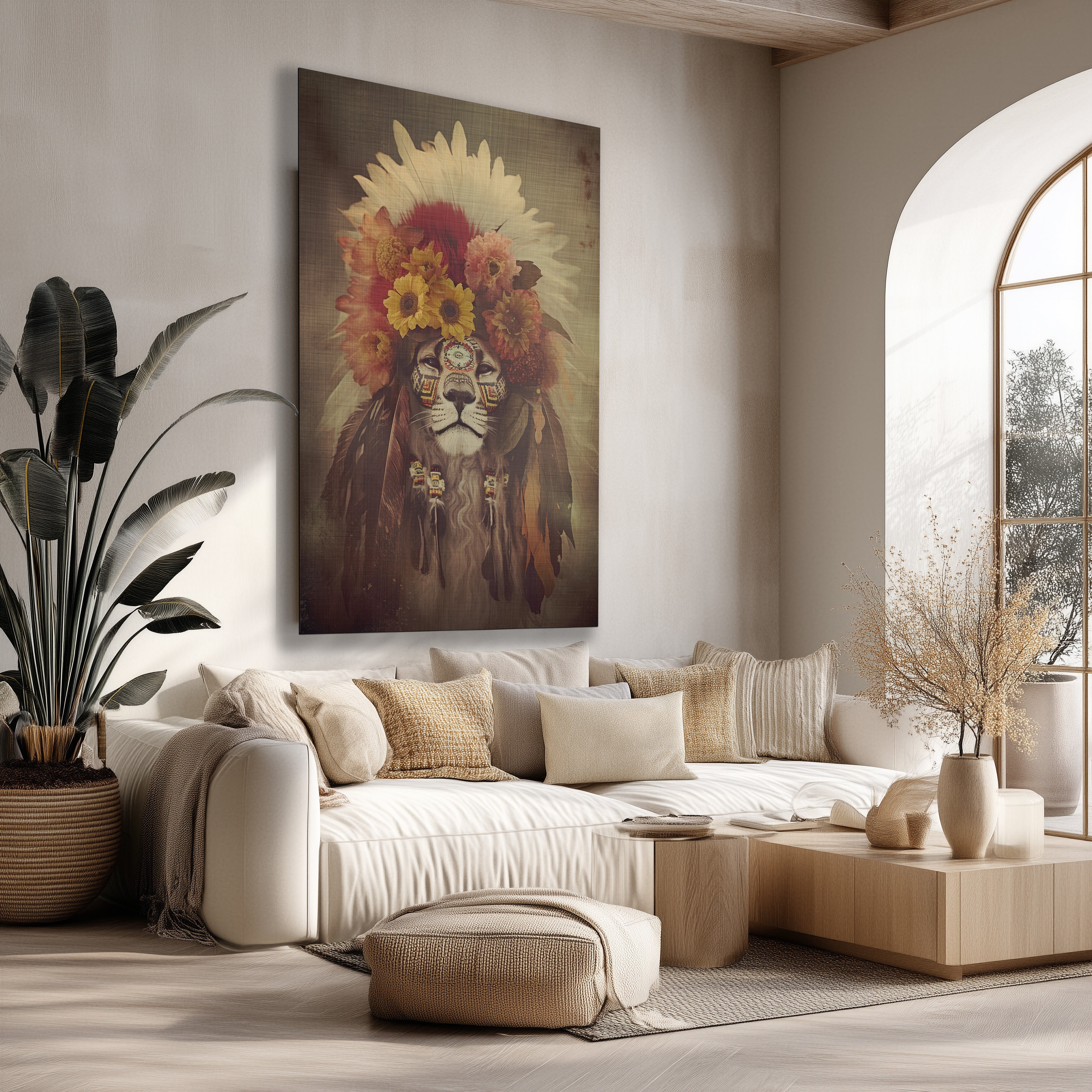 Leeuw 3 wanddecoratie met botanische elementen in een modern interieur.