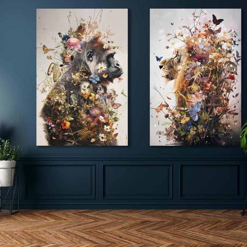 Schilderij leeuw met bloemen