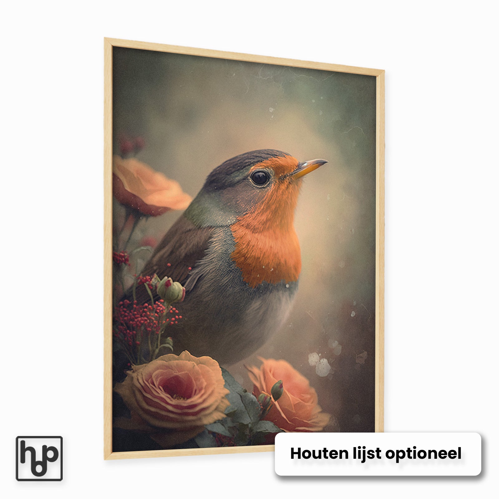 Vintage poster van een roodborstje met oranje rozen in een lichte houten lijst.