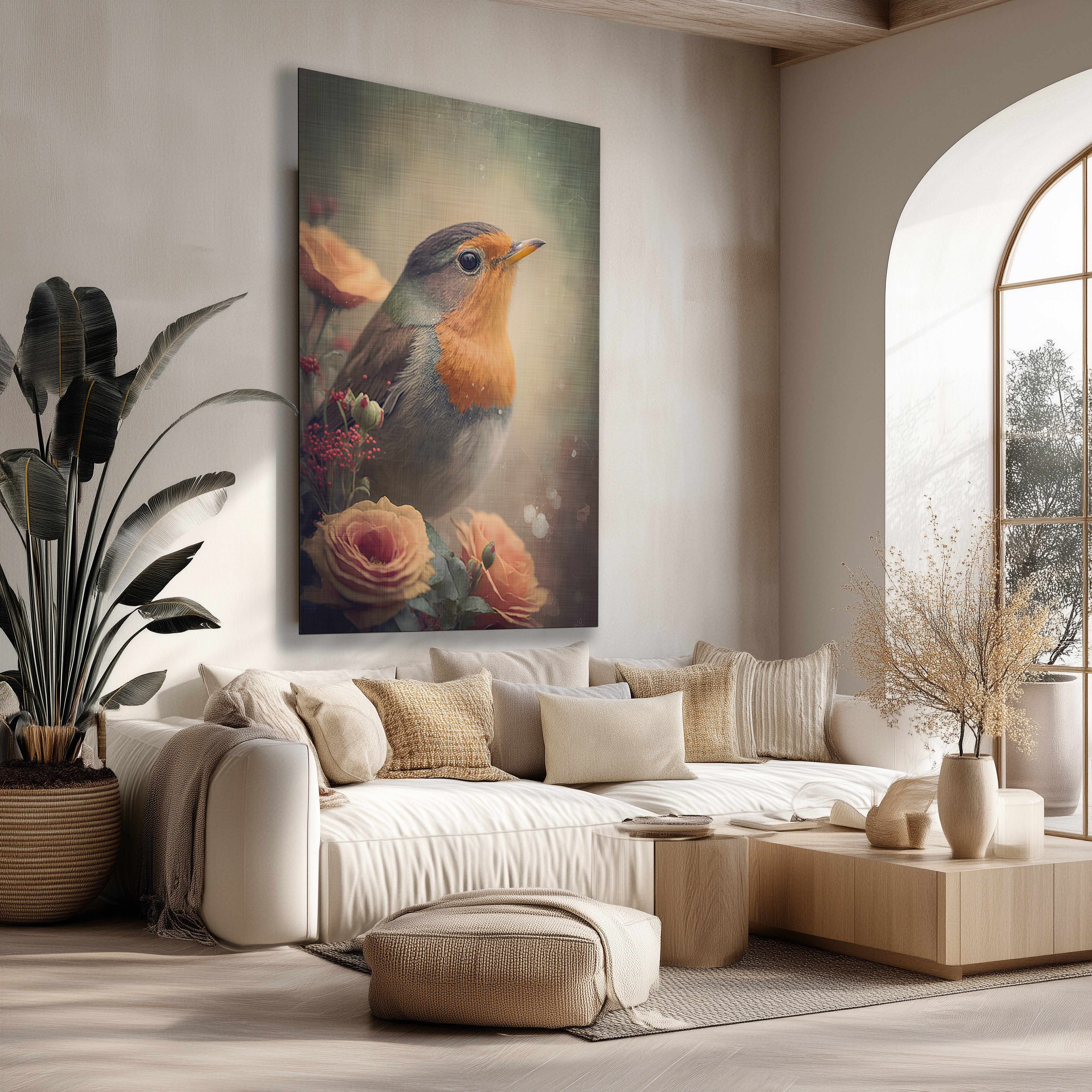 Vintage poster met roodborstje en zachtroze rozen, hangend boven een beige bank in een lichte woonkamer.