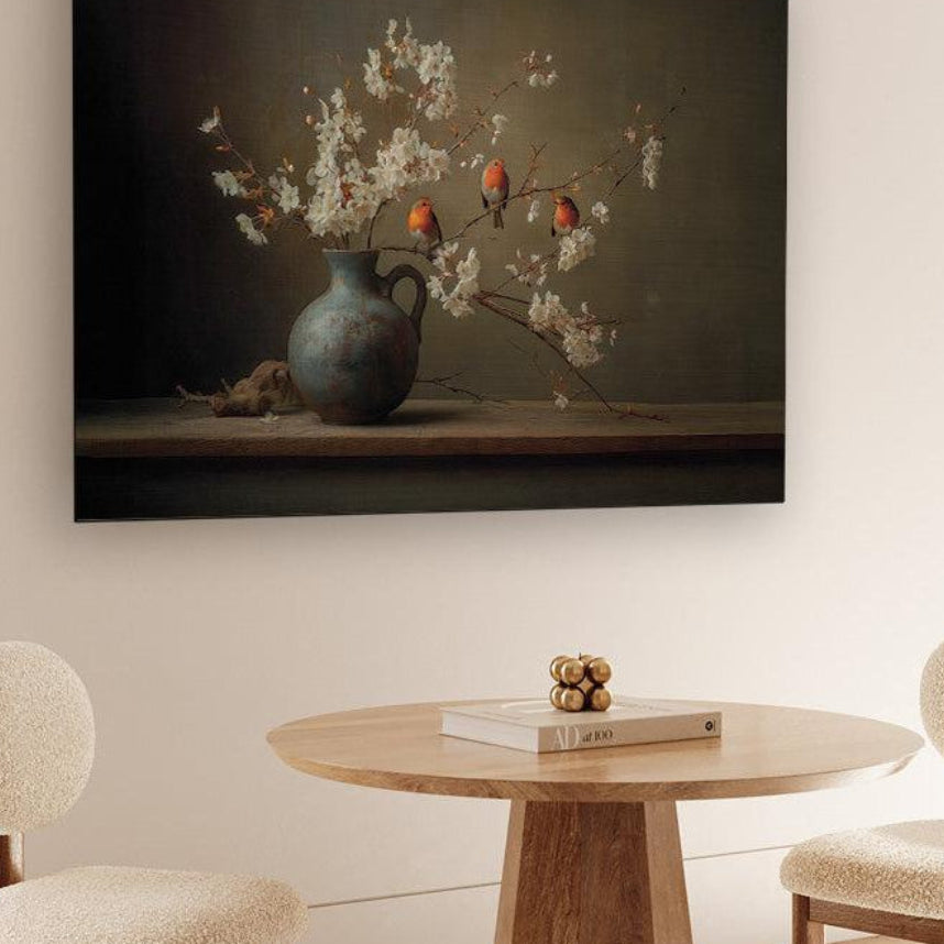 schilderij liggend met roodborstjes