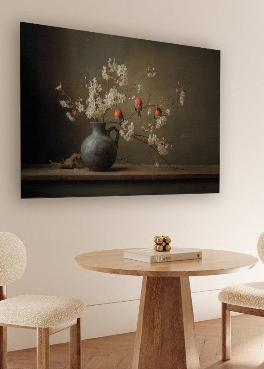 schilderij liggend met roodborstjes