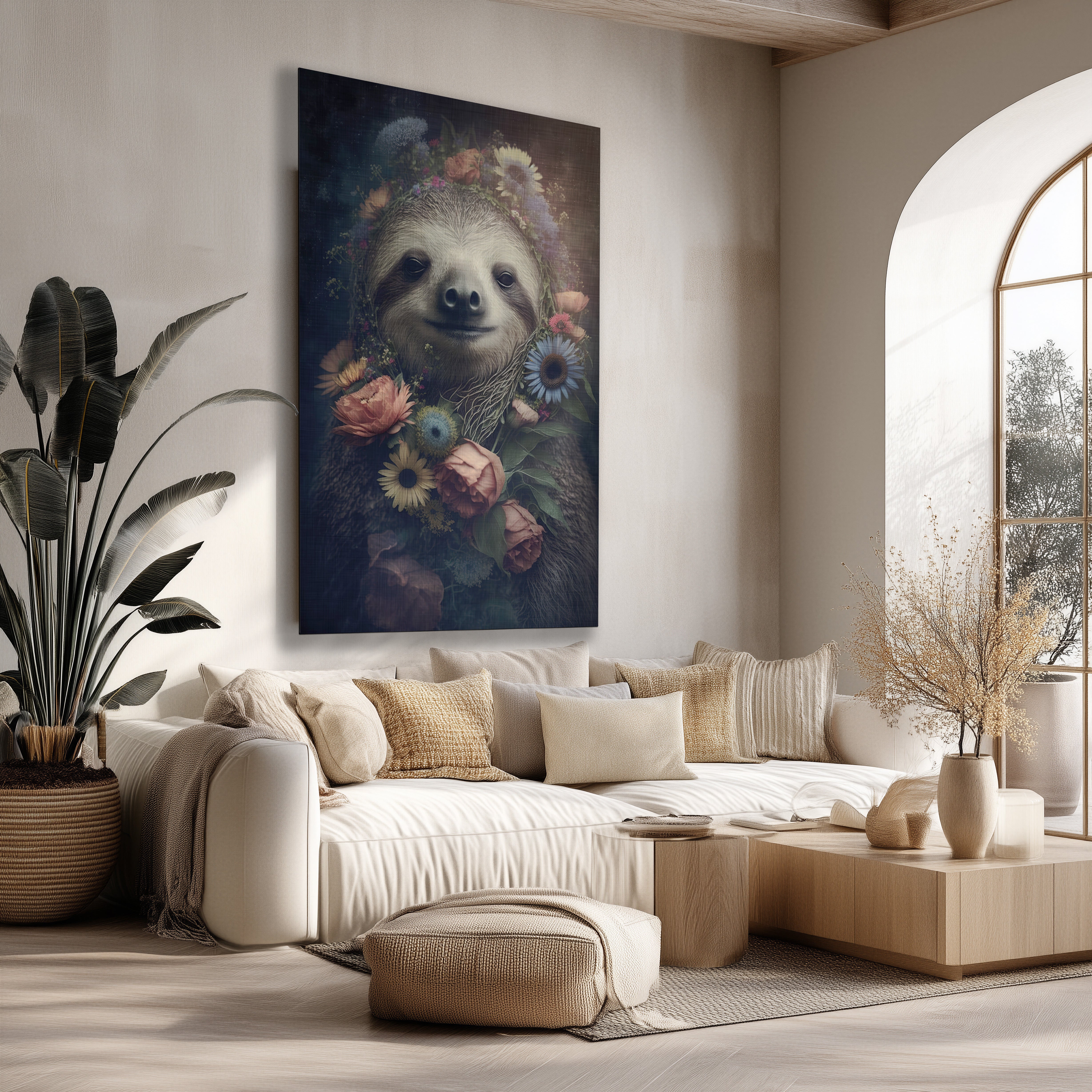 Staande poster van een sierlijke luiaard met botanische bloemen in vintage stijl, boven een beige bank in een lichte woonkamer.
